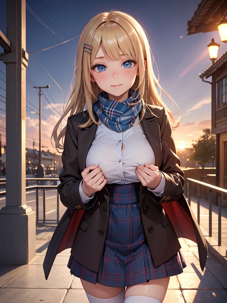 (masterpiece),(top-quality:1.2),1girl in,(masuter piece:1.3),exquisitedetails, Highest quality 8K resolution, Ultra-detailed, Realistic, Vibrant colors, Soft tones, With warm and gentle lighting,(Beautiful plaid scarf:1.3),(Preet Pink Ruffled Ribbon Dress,) (Brown long coat:1.2) early evening,Big sunset,(Smooth straight blonde hair:1.2),(Hair parted in the middle:1.3),(Glowing hair),(Dark blue eyes:1.3),White skin, hair clips,Overflowing soft and gentle feelings,(The promenade is full of flowers),The sun's rays illuminate joy and pure love, Warm golden glow,The atmosphere is full of happiness and laughter, As if celebrating love,Sticking to ultra-detailed depictions and vivid colors. In a style that blends romanticism and realism、You can feel the depth of love,color palettes,Create an ethereal atmosphere like a dream,and the lighting is soft and diffused, Shine a gentle light on your face,The artwork is a masterpiece,large breast、zettai ryouiki