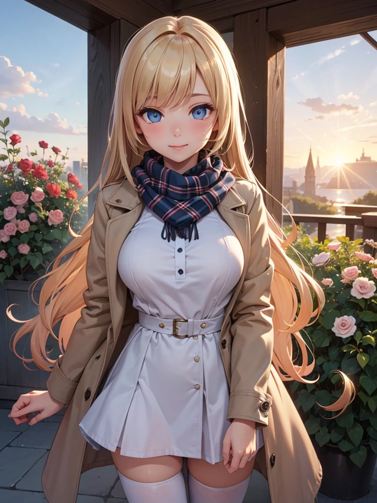 (masterpiece),(top-quality:1.2),1girl in,(masuter piece:1.3),exquisitedetails, Highest quality 8K resolution, Ultra-detailed, Realistic, Vibrant colors, Soft tones, With warm and gentle lighting,(Beautiful plaid scarf:1.3),(Preet Pink Ruffled Ribbon Dress,) (Brown long coat:1.2) early evening,Big sunset,(Smooth straight blonde hair:1.2),(Hair parted in the middle:1.3),(Glowing hair),(Dark blue eyes:1.3),White skin, hair clips,Overflowing soft and gentle feelings,(The promenade is full of flowers),The sun's rays illuminate joy and pure love, Warm golden glow,The atmosphere is full of happiness and laughter, As if celebrating love,Sticking to ultra-detailed depictions and vivid colors. In a style that blends romanticism and realism、You can feel the depth of love,color palettes,Create an ethereal atmosphere like a dream,and the lighting is soft and diffused, Shine a gentle light on your face,The artwork is a masterpiece,large breast、zettai ryouiki