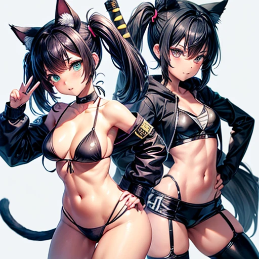 A girl with dark blue hair, cat ears and a tail, wearing a black bikini and racing pants　 body type　　Twin tails　　　　Flat Chest　Wearing a hoodie　Butt in detail　holding a ninja sword　
