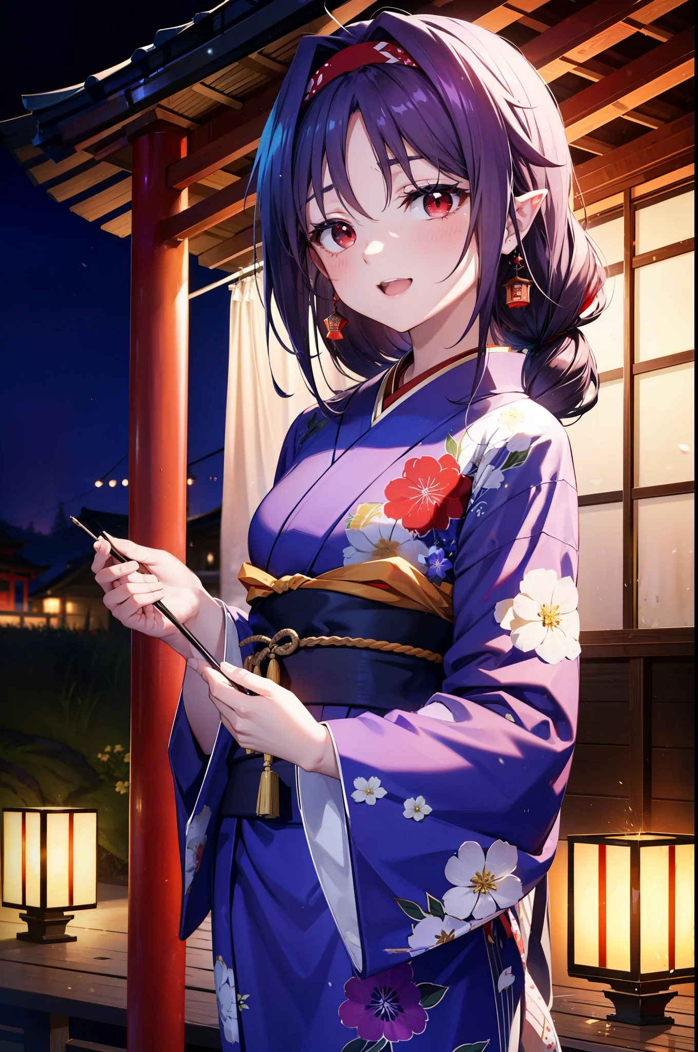 yuukikonno, Konno Yuuki, hair band, Long Hair, Pointed Ears, Purple Hair, (Red eyes:1.5), (Small breasts:1.2), Open your mouth,Open your mouth,Long Hair,happy smile, smile, Open your mouth,Purple Kimono,Long sleeve,Sandals,night空の花火,Fireworks display,Japanese Festivals,Summer festival food stalls,Red Lantern, night,whole bodyがイラストに入るように,Looking down from above,
break outdoors, shrine,                                              break looking at viewer,whole body,Upper Body,(Cowboy Shot:1. 5)
break (masterpiece:1.2), highest quality, High resolution, unity 8k wallpaper, (shape:0.8), (Beautiful and beautiful eyes:1.6), Highly detailed face, Perfect lighting, Highly detailed CG, (Perfect hands, Perfect Anatomy),