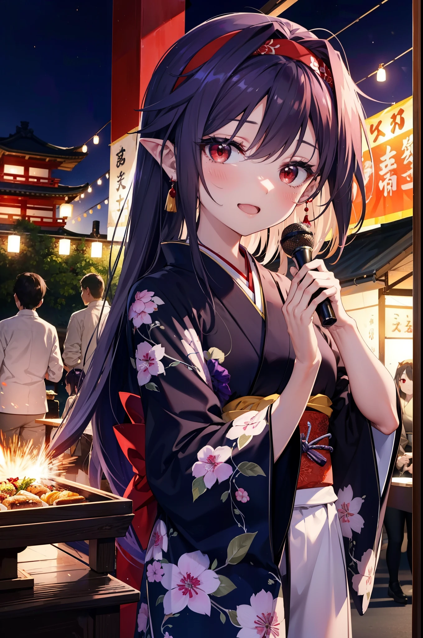 yuukikonno, Konno Yuuki, hair band, Long Hair, Pointed Ears, Purple Hair, (Red eyes:1.5), (Small breasts:1.2), Open your mouth,Open your mouth,Long Hair,happy smile, smile, Open your mouth,Purple Kimono,Long sleeve,Sandals,night空の花火,Fireworks display,Japanese Festivals,Summer festival food stalls,Red Lantern, night,whole bodyがイラストに入るように,Looking down from above,
break outdoors, shrine,                                              break looking at viewer,whole body,Upper Body,(Cowboy Shot:1. 5)
break (masterpiece:1.2), highest quality, High resolution, unity 8k wallpaper, (shape:0.8), (Beautiful and beautiful eyes:1.6), Highly detailed face, Perfect lighting, Highly detailed CG, (Perfect hands, Perfect Anatomy),