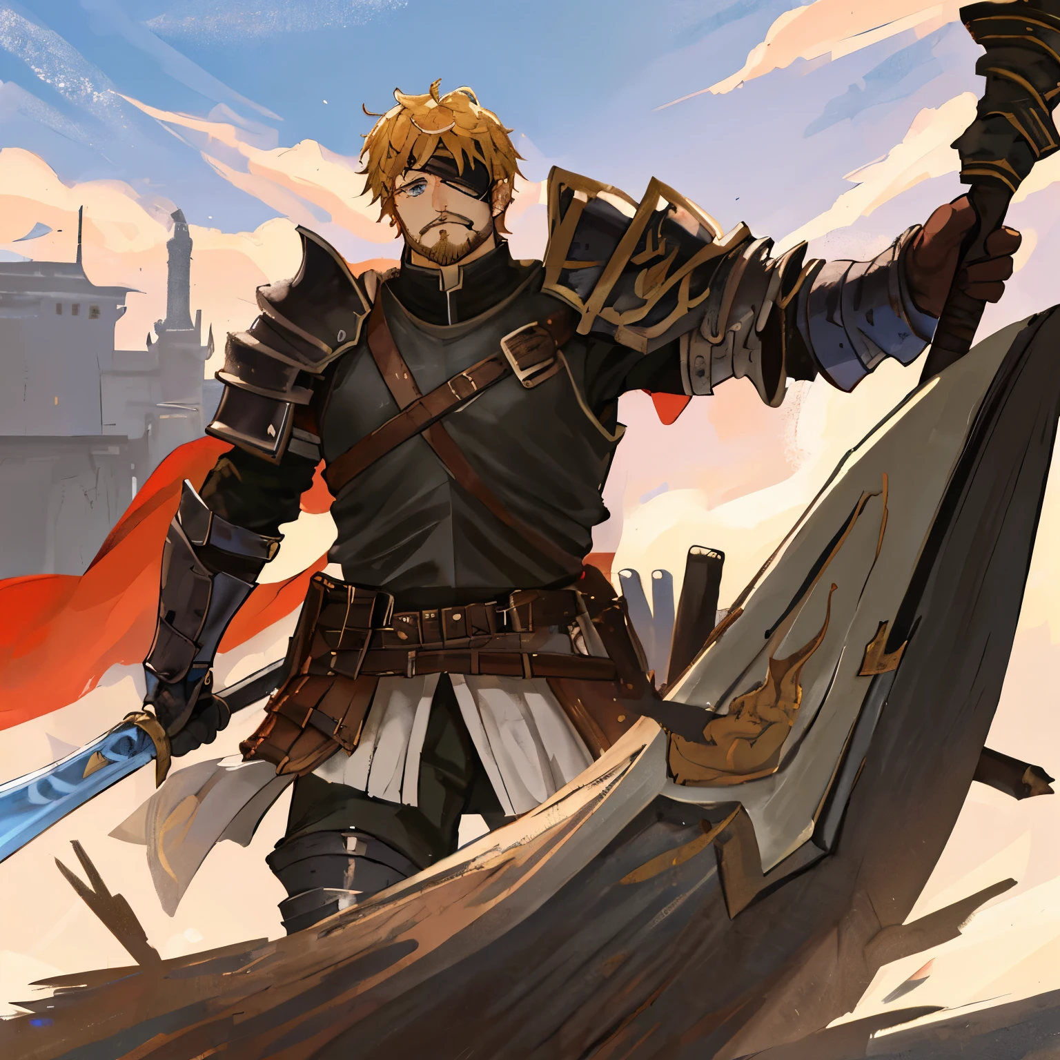 Masterpiece, Best Quality, Ultra-Detailed, 1man, A warrior with short blond hair, blue eyes, left eye covered by an eye patch, short beard, strong and tall, wears black plate armor, wielding a large shield and a long sword in position and combat and a serious look. Anime art style, excellent quality, medieval city in the background