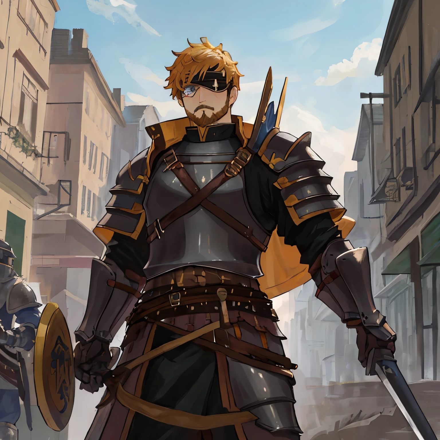 Masterpiece, Best Quality, Ultra-Detailed, 1man, A warrior with short blond hair, blue eyes, left eye covered by an eye patch, short beard, strong and tall, wears black plate armor, wielding a large shield and a long sword in position and combat and a serious look. Anime art style, excellent quality, medieval city in the background