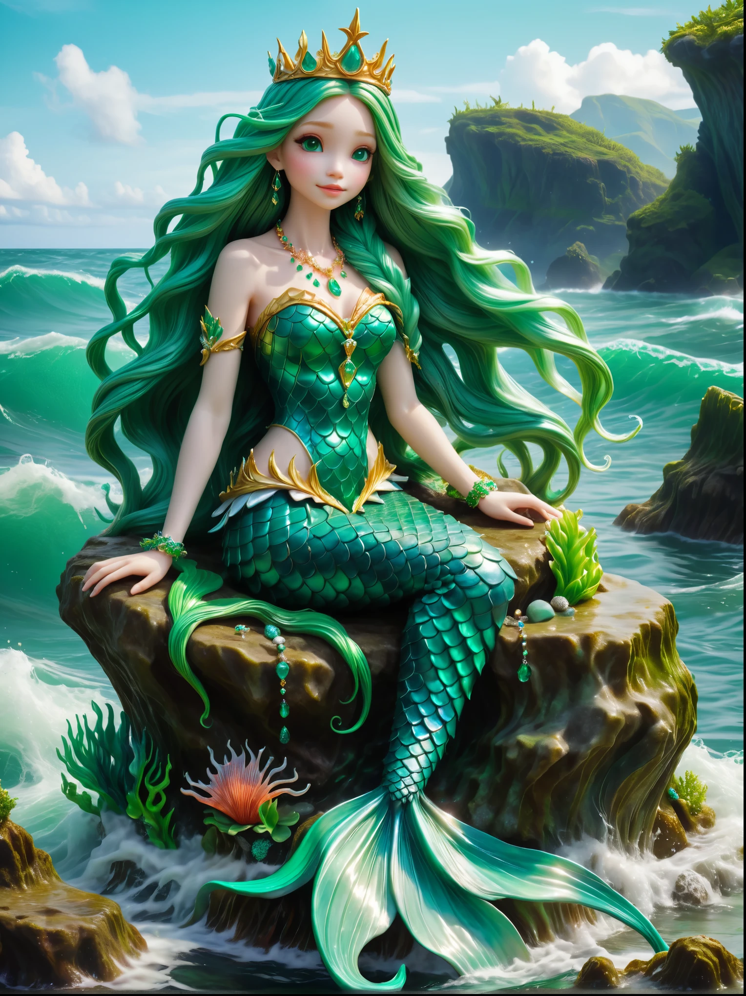 A masterpiece of ultra-fine detail, Dynamic, excellent quality, Clay Sculpting Mermaid Princess, Human figure upper body, Fishtail, Long flowing green hair，Wearing a jeweled crown，Sitting on a rock in the middle of the ocean，Attractive appearance, aquatic beauty, Aquatic Hues, Singing voice and charming melody, Lure sailors to their doom ,     