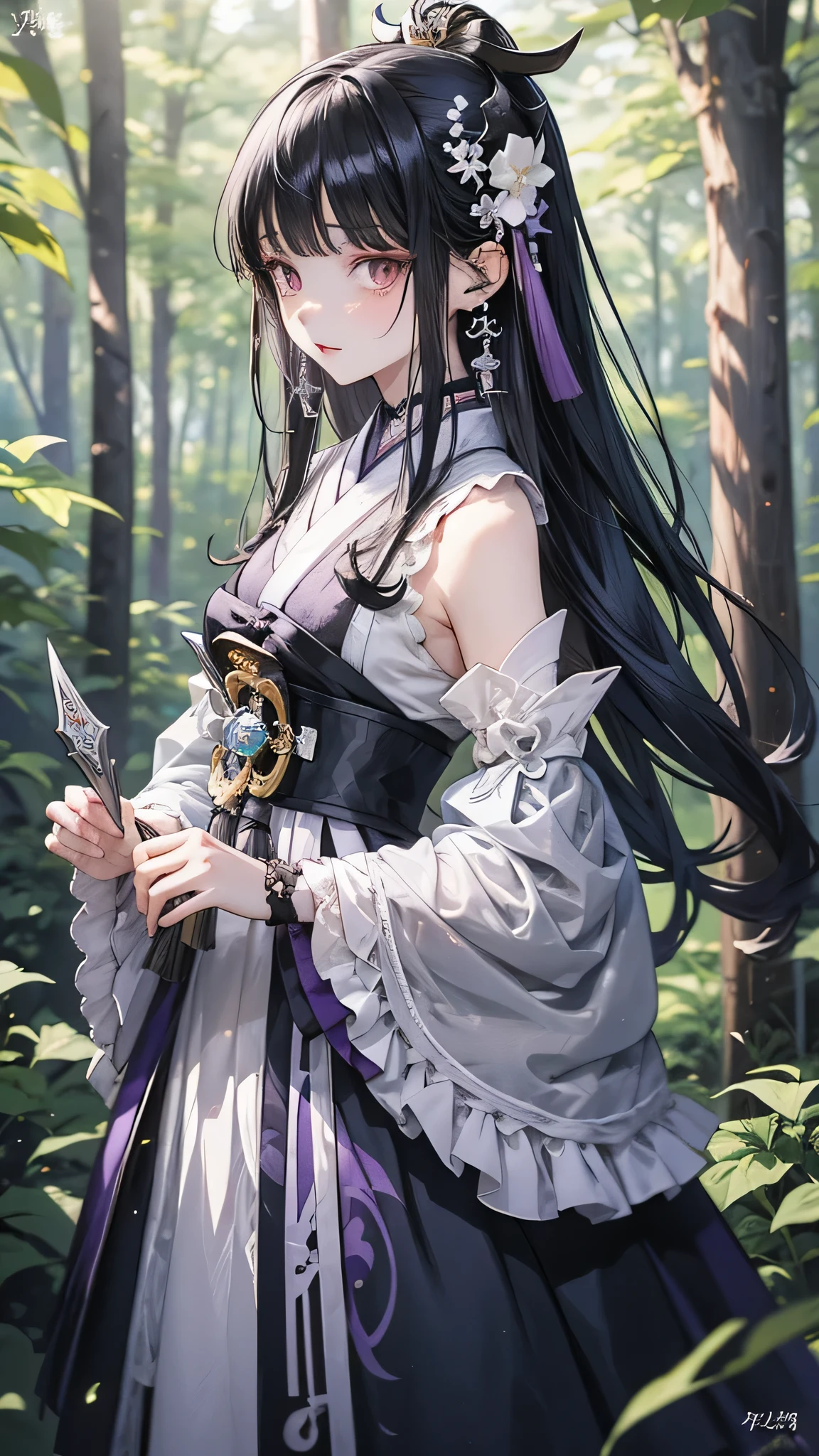 Anime girl in purple and black clothes standing in front of a forest, Keqing of Genshin Impact, Jongritsu of Genshin, Haise Jinyao, ayaka genshin impact, Anime Moe Art Style, Black-haired wizard, Demon Slayer Louis Fan Art, ayaka game genshin impact, Yunling, Inspired by Song Maojin