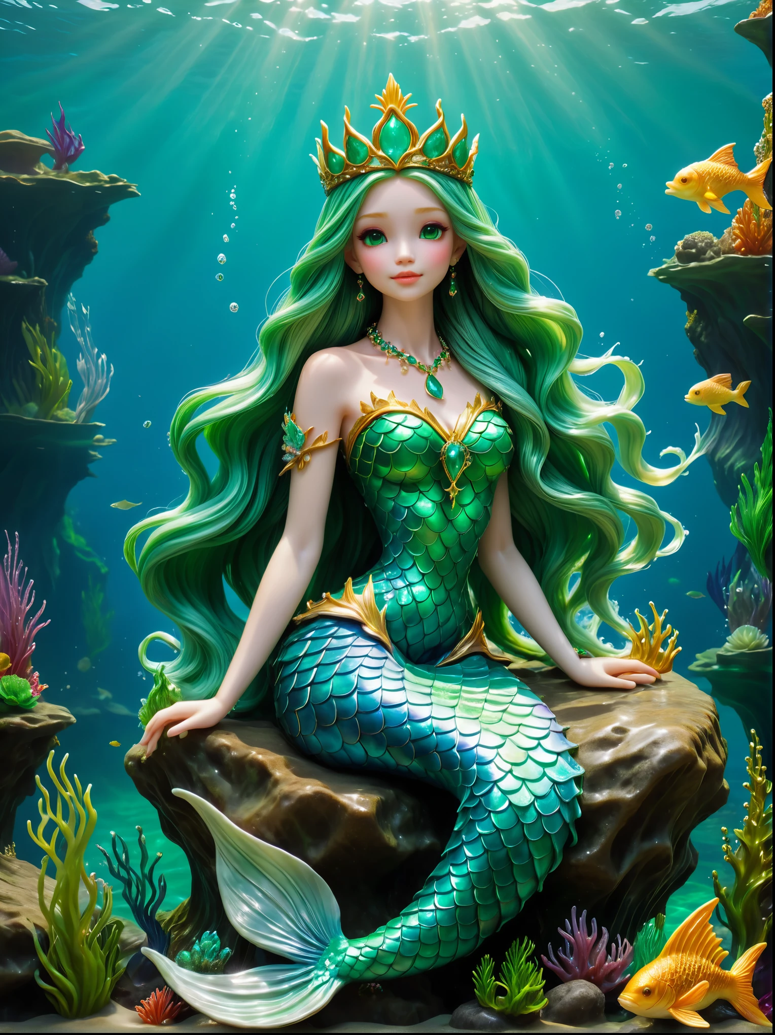 A masterpiece of ultra-fine detail, Dynamic, excellent quality, Clay Sculpting Mermaid Princess, Human figure upper body, Fishtail, Long flowing green hair，Wearing a jeweled crown，Sitting on a rock in the middle of the ocean，Attractive appearance, aquatic beauty, Aquatic Hues, Singing voice and charming melody, Lure sailors to their doom ,     