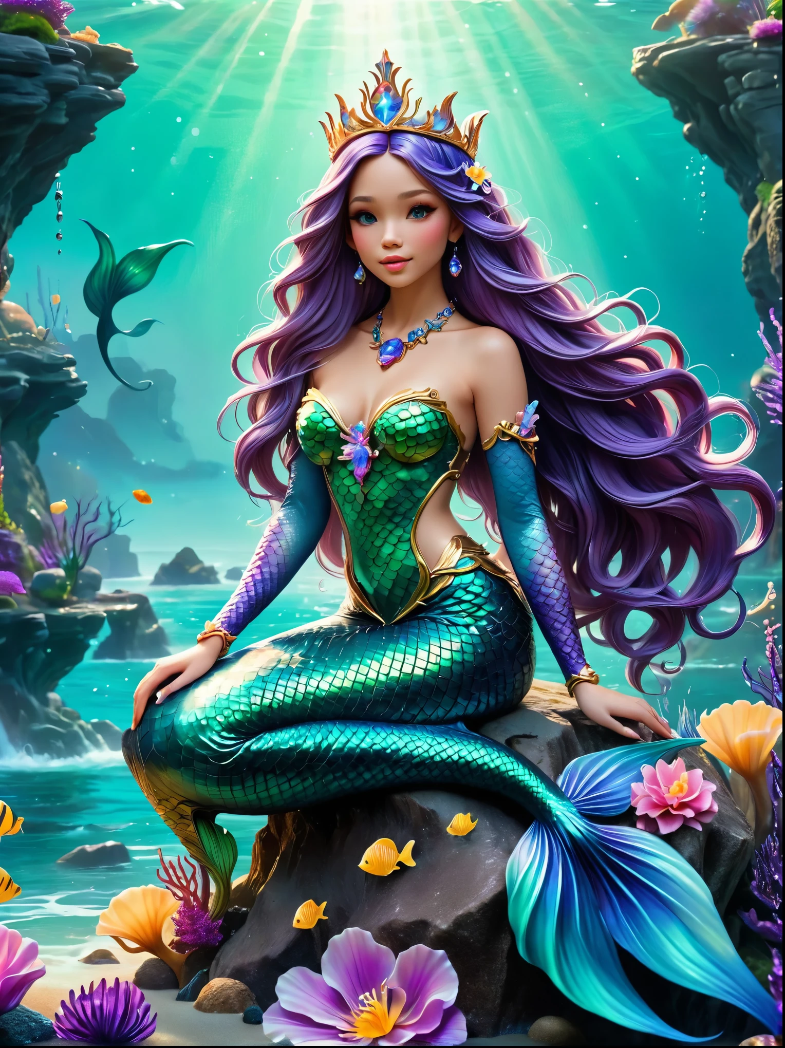 (whole body:1.8)，(Mechanical feel，beautiful，Mermaid Princess:1.3), Long flowing green hair，Wearing a jeweled crown，Sitting on a rock in the middle of the ocean，Colorful neon lights，High-tech mechanical parts，(Metal Mermaid Body)，(Purple and blue glowing mermaid tail:1.5)，Delicate vibranium flower pattern，Bright colors，Dynamic glowing flowers，(Best quality，8k，high resolution，masterpiece:1.2)，Super Detail，anatomically correct, ccurate