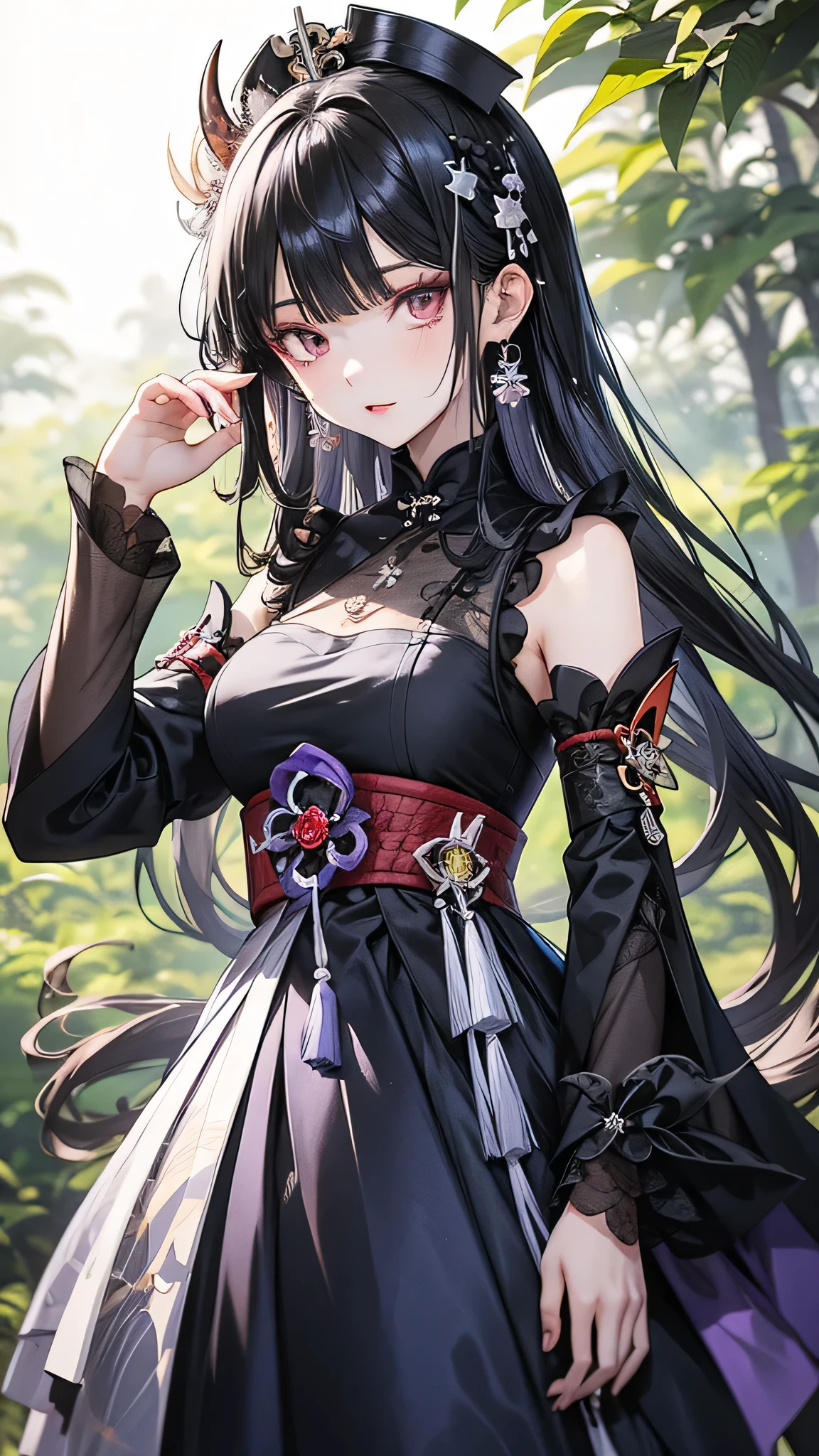 Anime girl in purple and black clothes standing in front of a forest, Keqing of Genshin Impact, Jongritsu of Genshin, Haise Jinyao, ayaka genshin impact, Anime Moe Art Style, Black-haired wizard, Demon Slayer Louis Fan Art, ayaka game genshin impact, Yunling, Inspired by Song Maojin