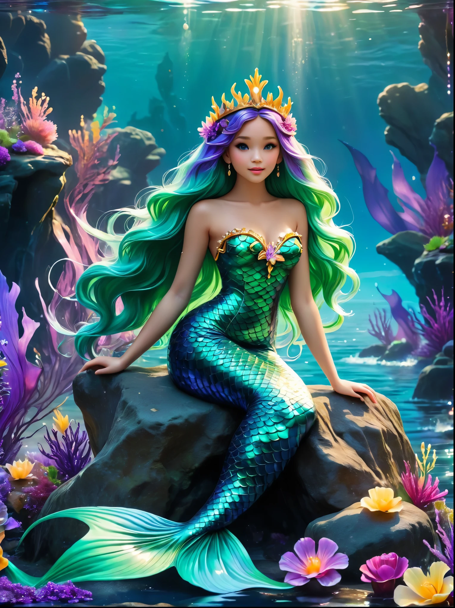 (whole body:1.8)，(Mechanical feel，beautiful，Mermaid Princess:1.3), Long flowing green hair，Wearing a jeweled crown，Sitting on a rock in the middle of the ocean，Colorful neon lights，High-tech mechanical parts，(Metal Mermaid Body)，(Purple and blue glowing mermaid tail:1.5)，Delicate vibranium flower pattern，Bright colors，Dynamic glowing flowers，(Best quality，8k，high resolution，masterpiece:1.2)，Super Detail，anatomically correct, ccurate