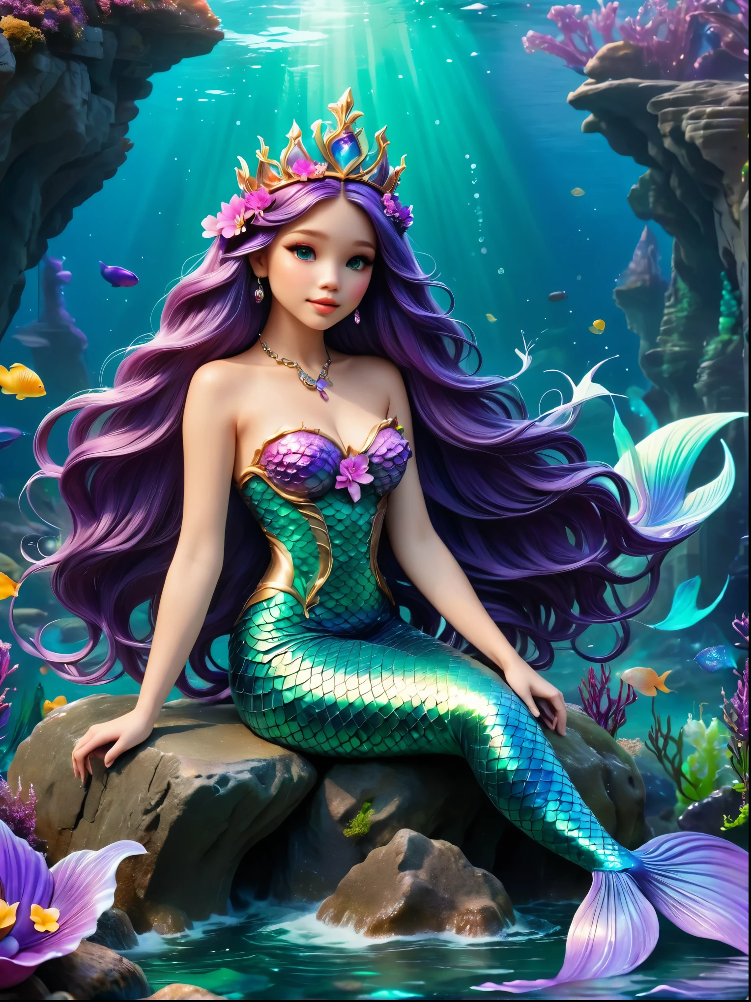 (whole body:1.8)，(Mechanical feel，beautiful，Mermaid Princess:1.3), Long flowing green hair，Wearing a jeweled crown，Sitting on a rock in the middle of the ocean，Colorful neon lights，High-tech mechanical parts，(Metal Mermaid Body)，(Purple and blue glowing mermaid tail:1.5)，Delicate vibranium flower pattern，Bright colors，Dynamic glowing flowers，(Best quality，8k，high resolution，masterpiece:1.2)，Super Detail，anatomically correct, ccurate