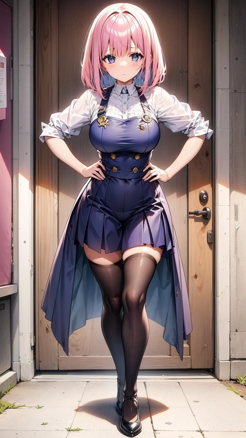 Female full body standing straight symmetrical looking to viewer pov kiss, hands on hips, barefoot together (plain background)