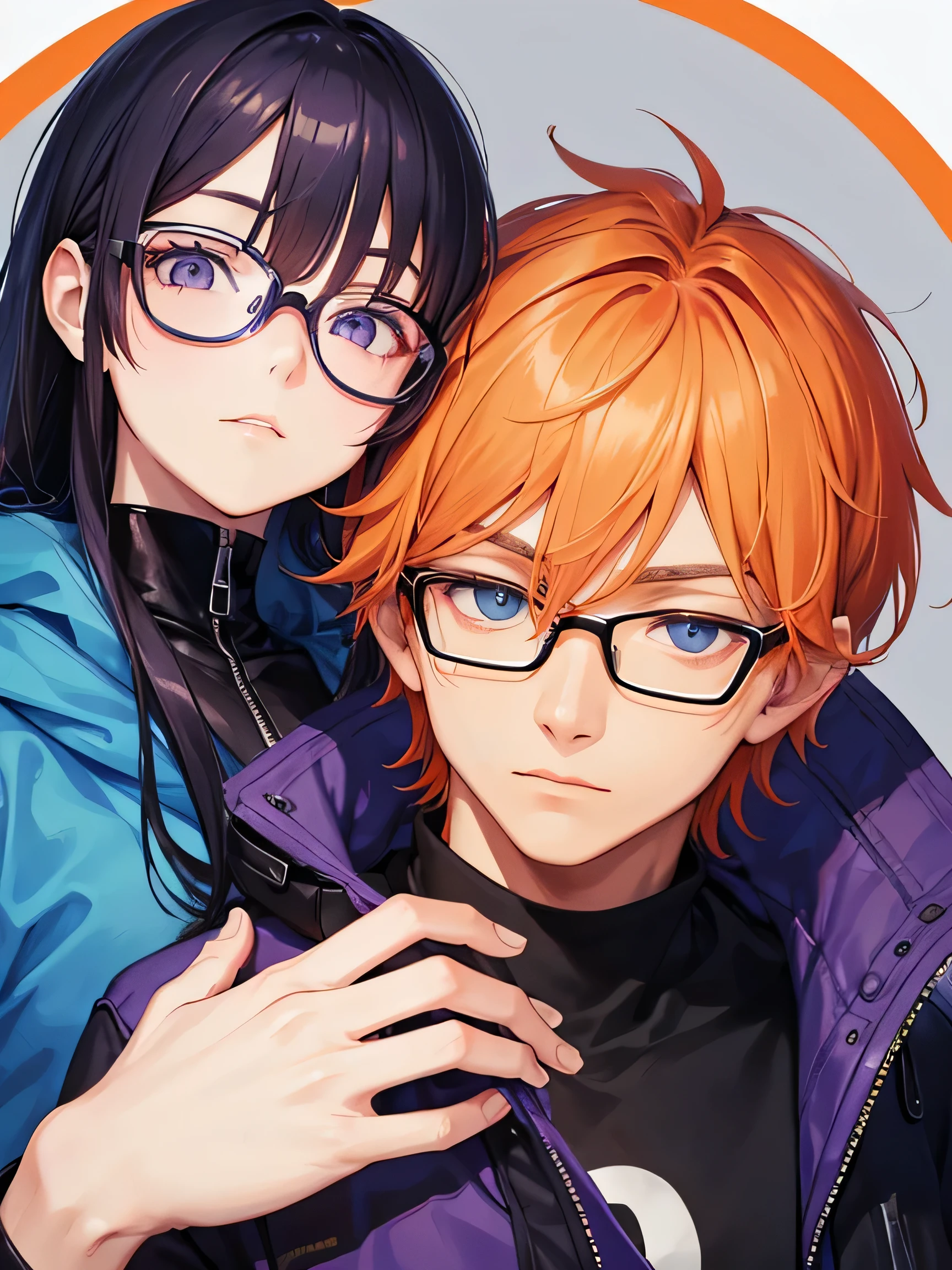 a Close up 2 person in jacket, orange-haired and purple-eyed genius male character wearing glasses, with long black-haired female character with serious blue eyes