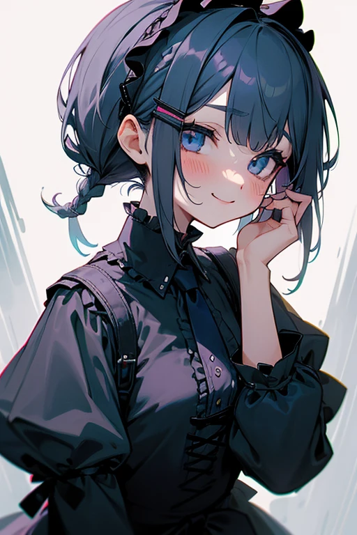 Short white hair, blush, Gothic ta、Punk Fashion、Headbang 2.、Blue and black clothes、Braiding、2 hair clips、Tie your hair up、smile、