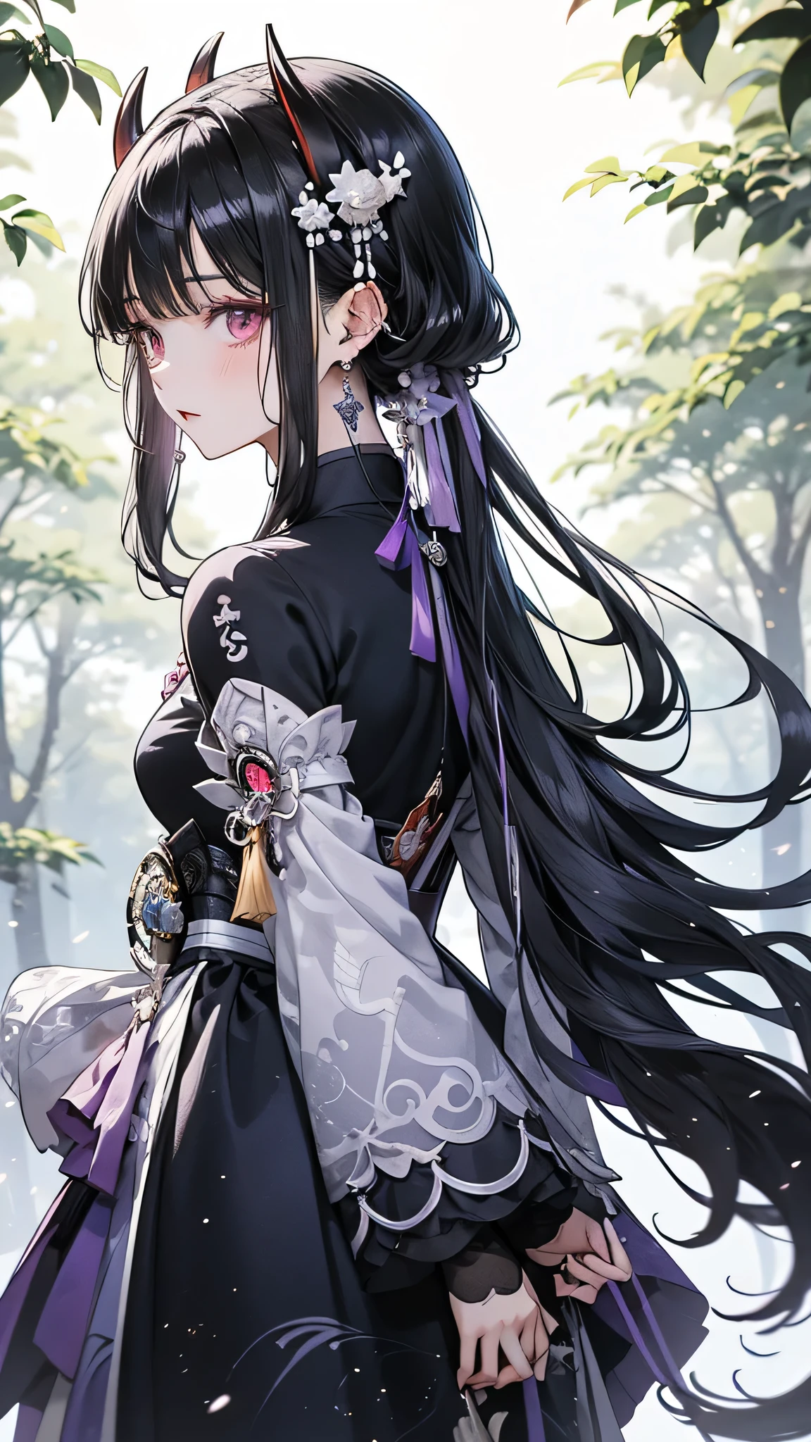 Anime girl in purple and black clothes standing in front of a forest, Keqing of Genshin Impact, Jongritsu of Genshin, Haise Jinyao, ayaka genshin impact, Anime Moe Art Style, Black-haired wizard, Demon Slayer Louis Fan Art, ayaka game genshin impact, Yunling, Inspired by Song Maojin
