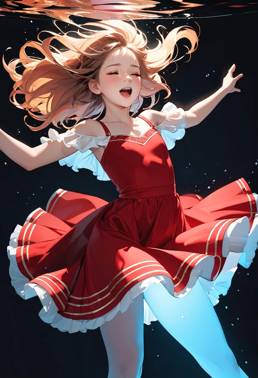 (masterpiece, best quality:1.1), (ultra highres, ultra-detailed:1.2) ,1girl, A girl dancing flamenco with tears,tween,cute,Crying loudly,(Scarlet dress),detailed face,(double exposure background:1.5),(full figure),blank space, volumetric lighting, dynamic angle, dynamic pose,