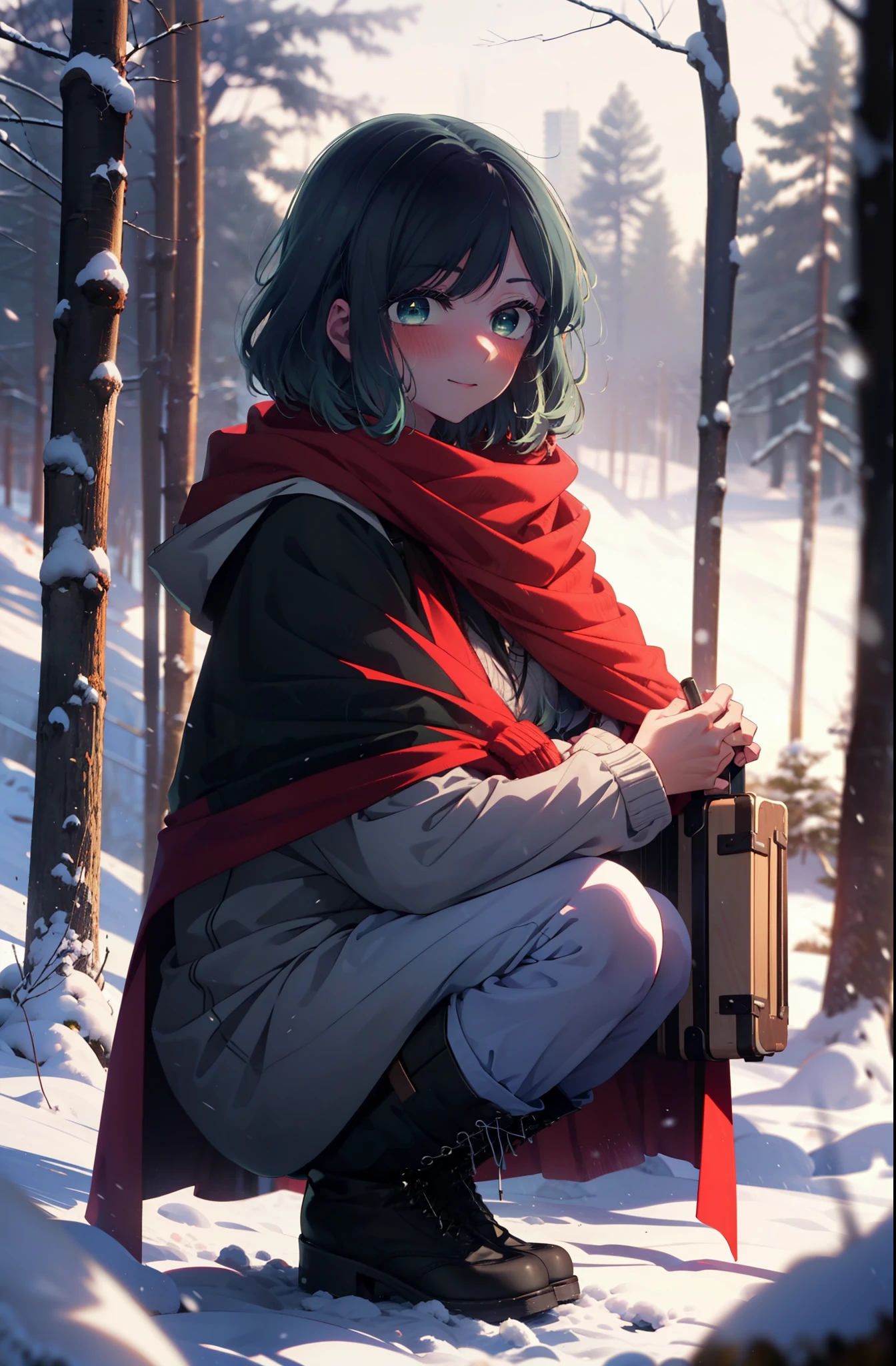 akanekurokawa, akane kurokawa, bangs, (Green Eyes:1.3), Blue Hair, Medium Hair, dark Blue Hair,smile,blush,White Breath,
Open your mouth,snow,Ground bonfire, Outdoor, boots, snowing, From the side, wood, suitcase, Cape, Blurred, , forest, White handbag, nature,  Squat, Mouth closed, Cape, winter, Written boundary depth, Black shoes, red Cape break looking at viewer, Upper Body, whole body, break Outdoor, forest, nature, break (masterpiece:1.2), highest quality, High resolution, unity 8k wallpaper, (shape:0.8), (Beautiful and beautiful eyes:1.6), Highly detailed face, Perfect lighting, Extremely detailed CG, (Perfect hands, Perfect Anatomy),