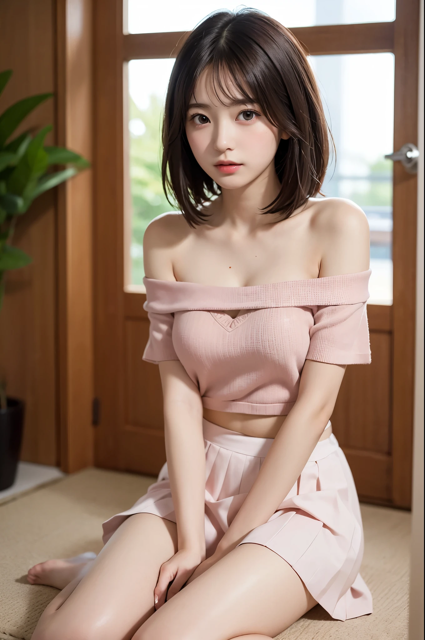 (High resolution、8k:1.3)、masterpiece、(Ultra-realistic as a photo:1.3)、Very nice finish、perfect anatomy, Sharp focus, 超High resolutionの顔、highest quality、The face is in focus、Ultra high definition and beautiful eyes、Eyes are symmetrical、High quality and beautiful skin、Firm Skin、Japanese Girls, Slender、very cute、17 years old、(Off the shoulder、Pleated skirt、mini skirt), Natural Makeup, (blush:1.3), (Embarrassing:1.3)、Sitting、(View your viewers:1.3),short hair, messy hair