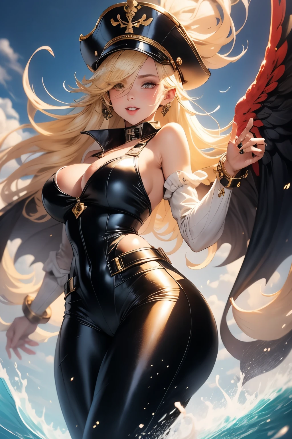 Beatiful white/yellow haired pirate captain, she had yellow eyes like gold and wears a big black hat with red feathers, a long black and red vest coat with gold accesories, leather pants and long red boots, wide hips, big butt, big breast, Anime, on the sea, coolest pose, more light on front, 4k, high quality, volumetric light, mature female, more prism, vibrant color