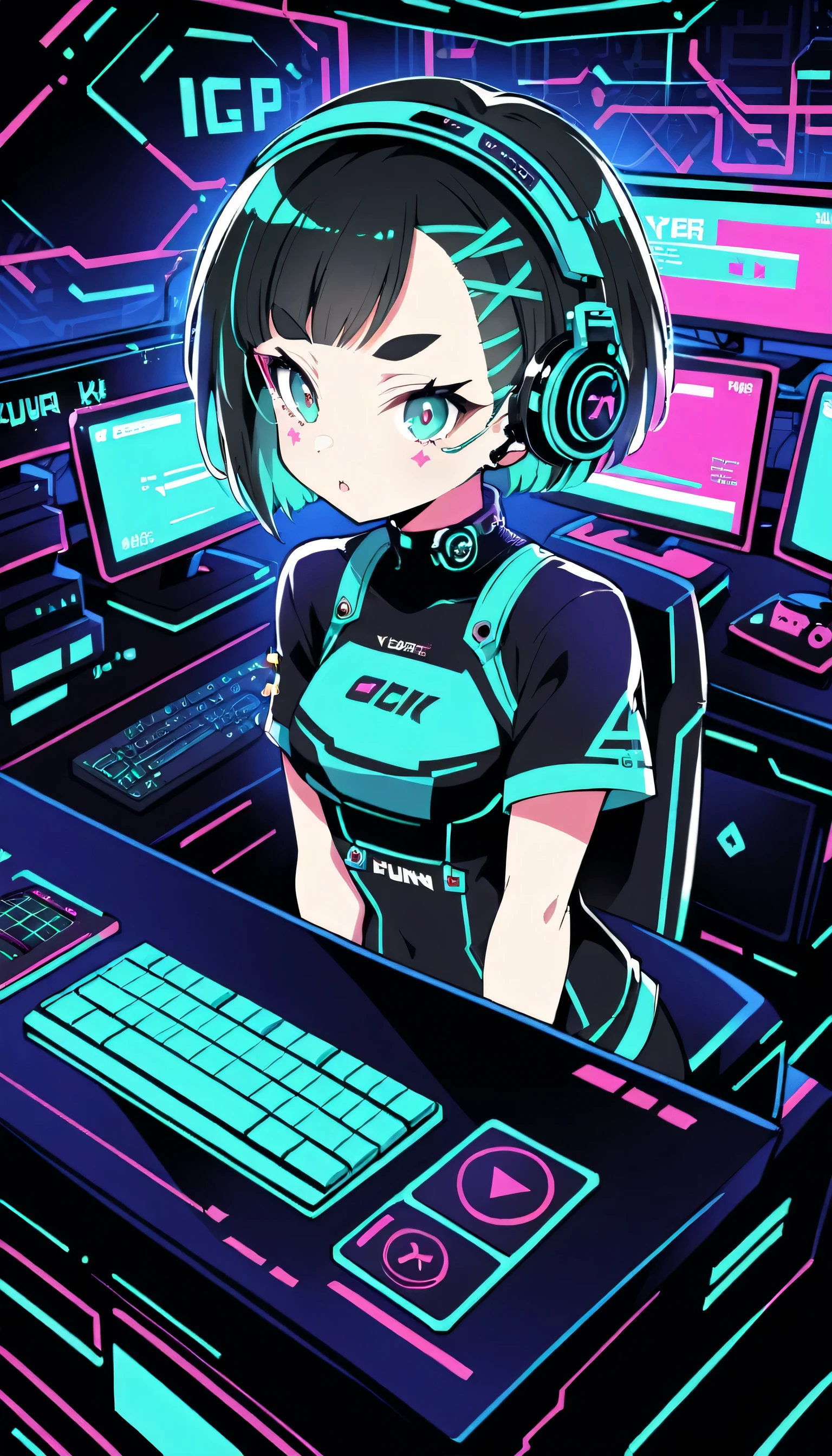 4 cards cartoon style, cyber punk, short hair, Thick eyebrows, Digital Punk, Anime Style 4k, Short sleeve gaming wear, Black Hair, Computer Lab, Over-the-head gaming headset