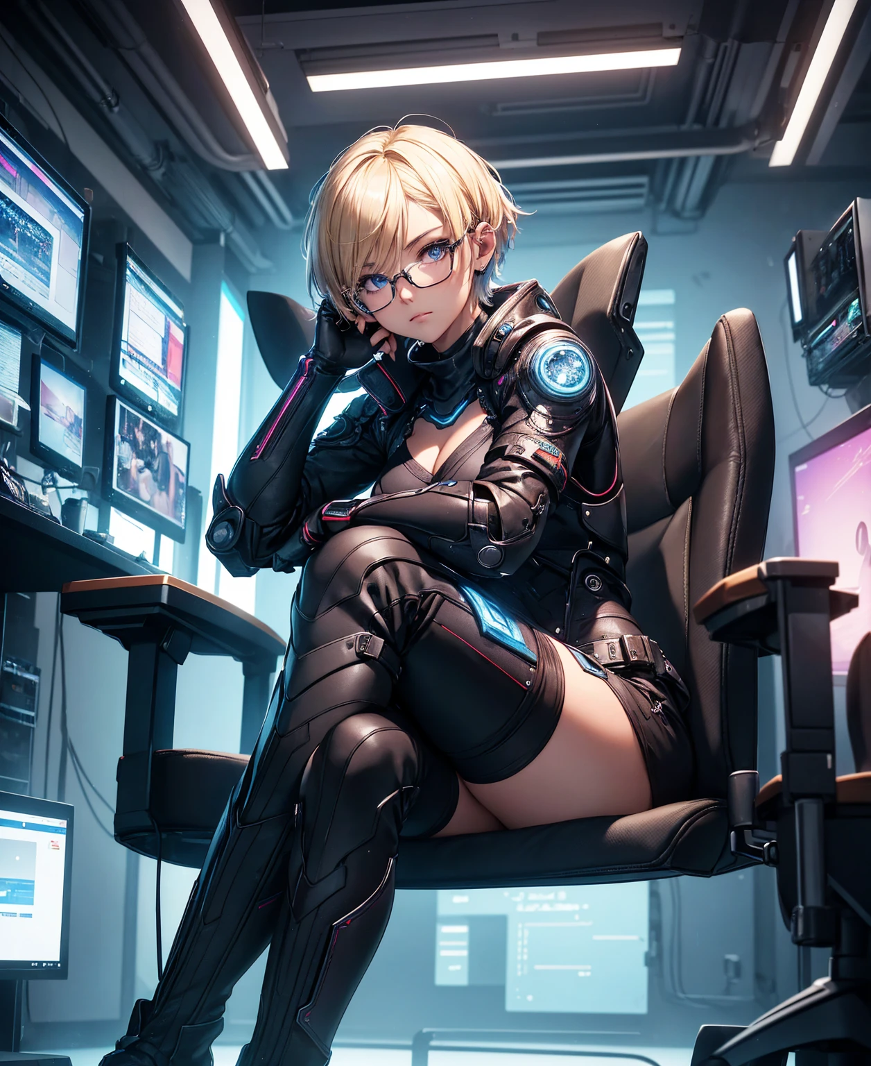 Woman sitting in a red chair,  very close foot POV shot with lots of blood vessels, Orianna,NONSFW, Dark mood scene, Full-body robot!! Cat girl, blonde, Thick legs,  spread your legs,  don't mess around ,  IG studio anime style , 4K!, On the desk