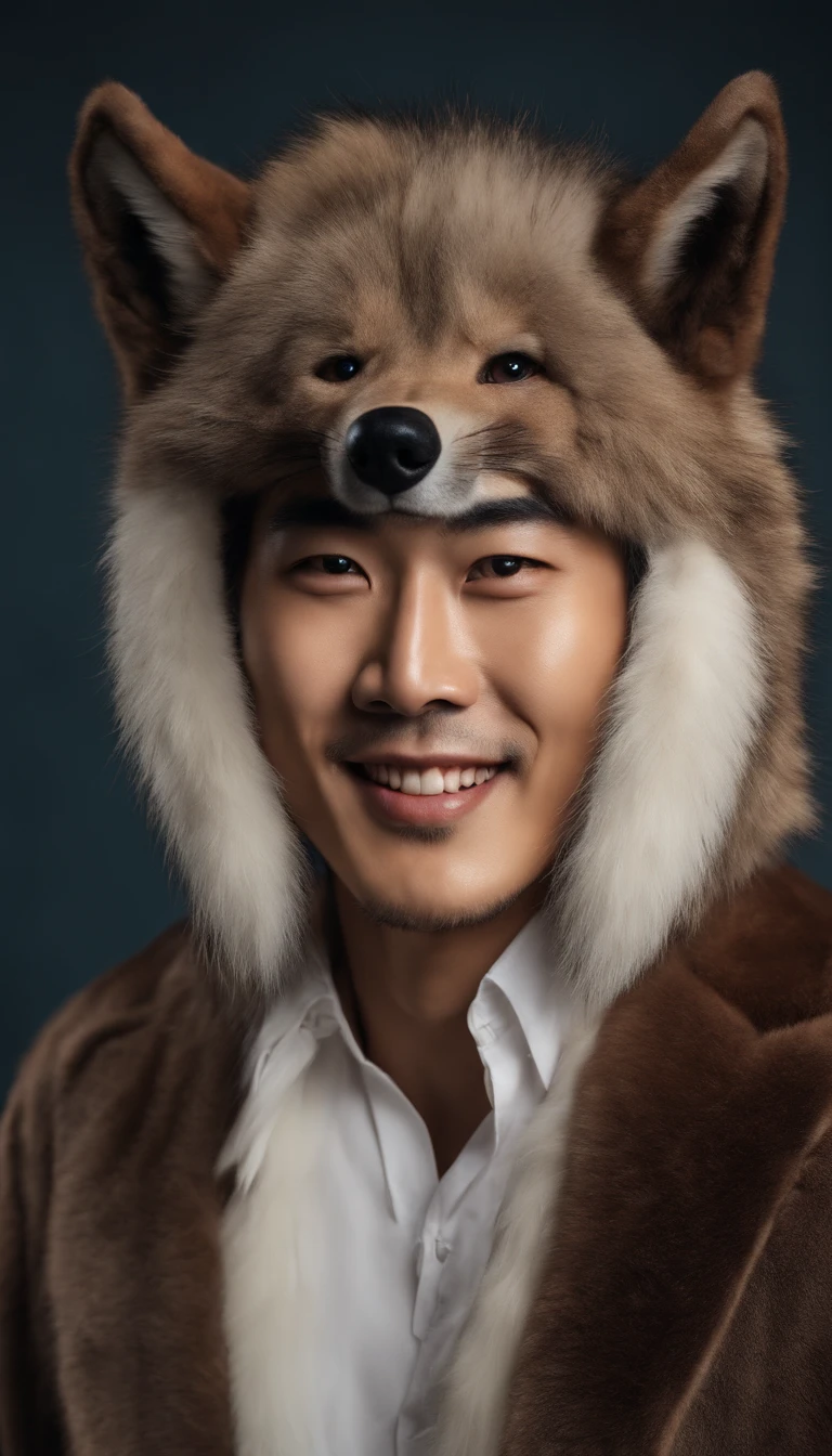 portrait photo of a Korean man, wearing a wolf costume, handsome and clean face, smiling. Studio photo background.