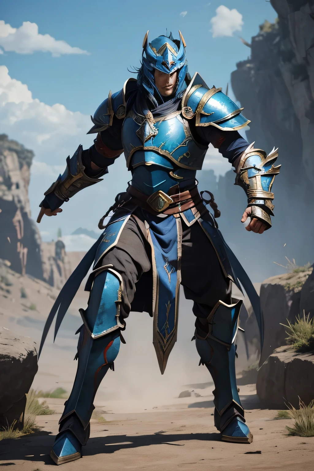 Create a War Gauntlet Fighter with blue dragon armor in war terrain
