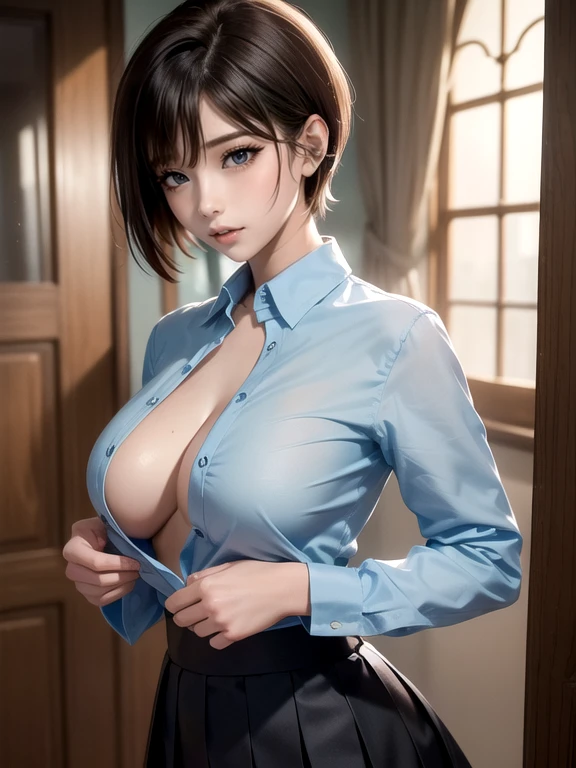 28-year-old Japanese woman,(非常にdetailedな肌)(Beautiful female body)(美しいBig Breasts)(Big Breasts)(Pale skin)(Pointed Chest),(Erect nipples)(Best image quality)(Hyperrealist portrait),(8k),(Ultra-realistic,最high quality, high quality, High resolution)(high quality texture)(Attention to detail)(Beautiful details)(detailed,Extremely detailed CG,detailed Texture)(Realistic facial expressions,masterpiece,in front,dynamic,bold),(((short pixie cut))),(Very thin hair)(Super Straight Hair:1.5)( sleek bangs,Very light coppery amber hair,Hair in one eye) (((Light blue cutter shirt))) (((The chest of the shirt is about to burst)))(((Pleated skirt)))(((she'not wearing panties under the skirt))) (((Stick your butt out with a slouch))) (((Rear View))) (((Photo from behind))) (((sheはAccentuate your butt為に腰を反らせている))) (((The lines of the body are clearly visible)))、(((Depiction of beautiful fingers))) (((Beautiful body depiction))) (((Sit with your legs apart)))、(((Accentuate your thighs)))(((I can see your thighs)))(((Accentuate your butt)))、(((Full body photo)))、(((Low angle photo)))、(((Correct ankle orientation)))(((The correct number of legs))) (((Accurate Body Composition))) (((正確な後ろからのFull body photo)))