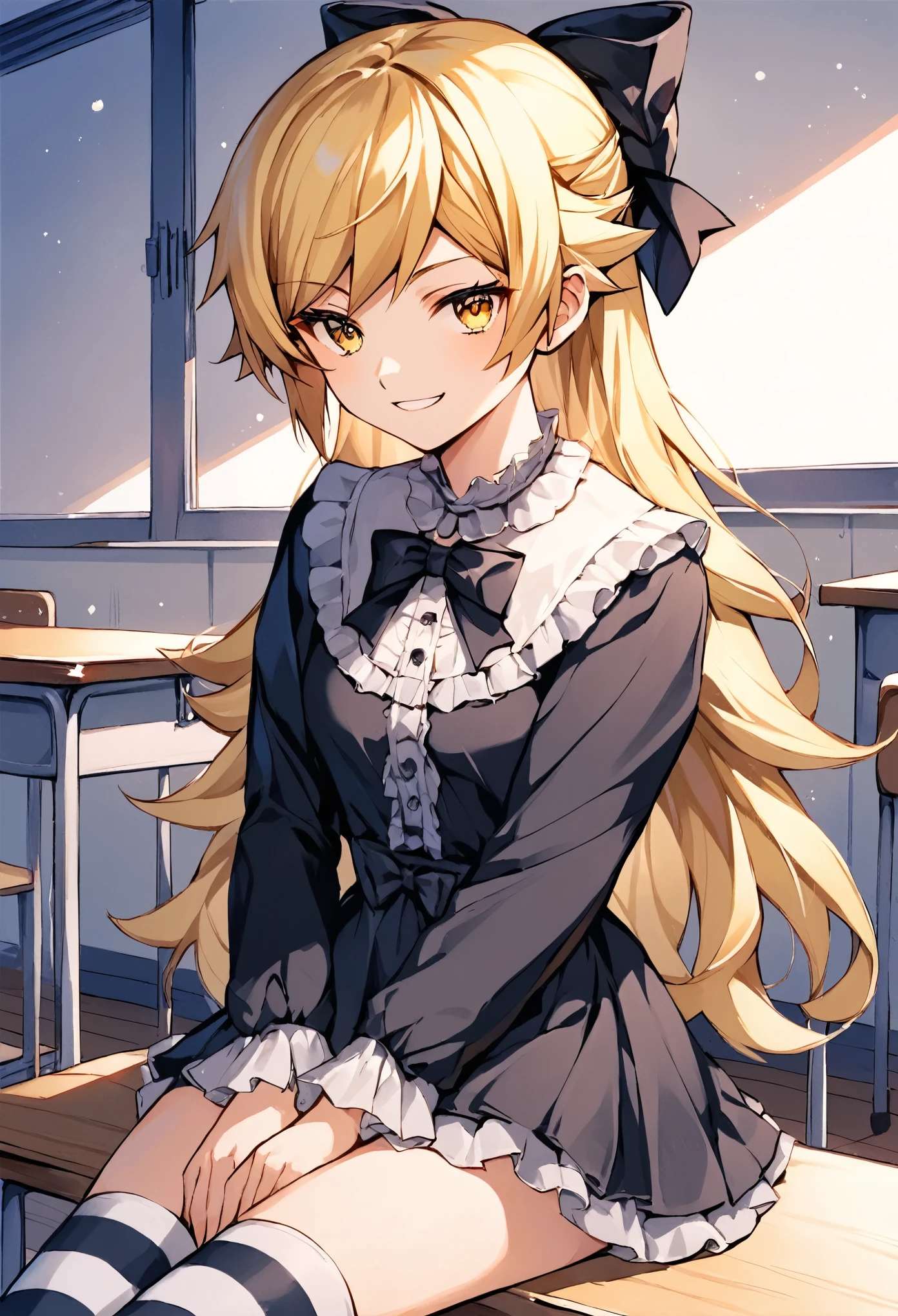 score_9, score_8_up, score_7_up, score_6_up, source_anime, rating_safe,, 1girl, solo, oshino shinobu, tv_gothic, blonde hair, long hair, yellow eyes, black dress, hair bow, striped thighhighs, frills, sitting, classroom, night, looking at viewer, smirk,, Rumiko Takahashi style, ,traditional media,