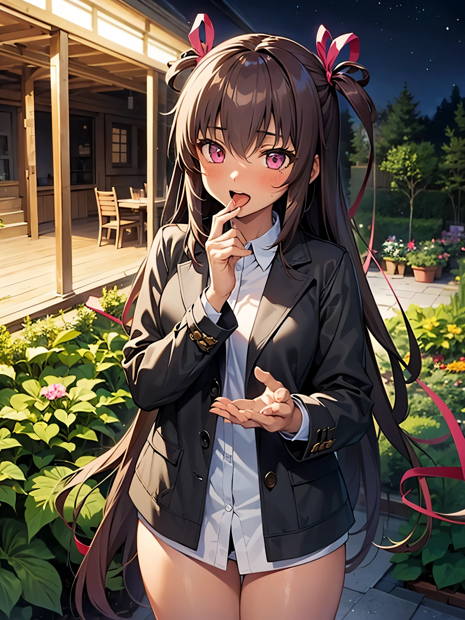 NSFW,1 girl,mizuki yukikaze,Hair Ribbon,Long coat,Open front,(Perfect hands),(Perfect Anatomy),(masterpiece),(highest quality),Embarrassed,blush,night,garden,Open your mouth、Sticking out tongue,Are standing