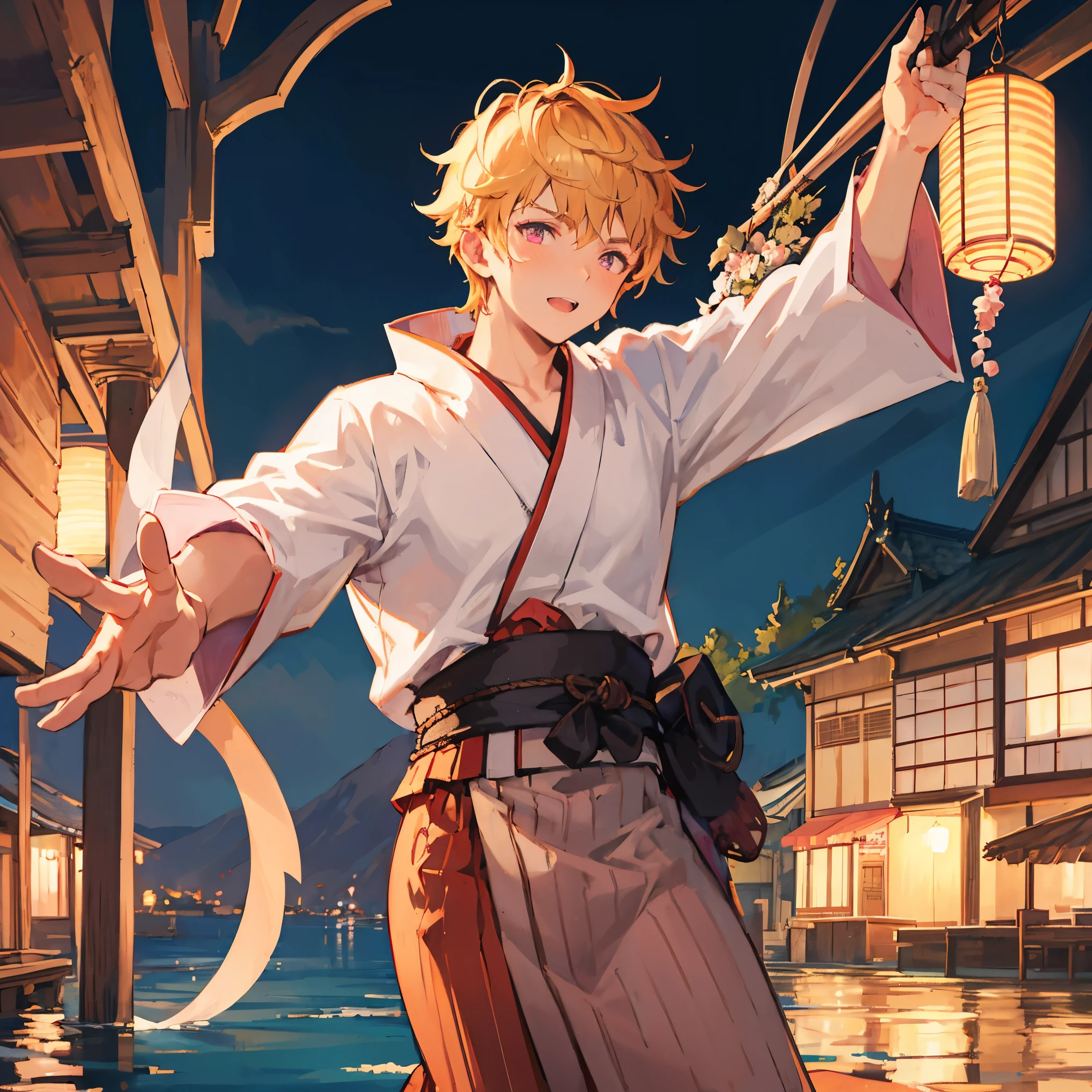 Young Male , Short Hair , Spiky Hair , Light Brown Hair , Fisherman Village Background , Yukata , Unsheathing Sword , Pink Eyes 