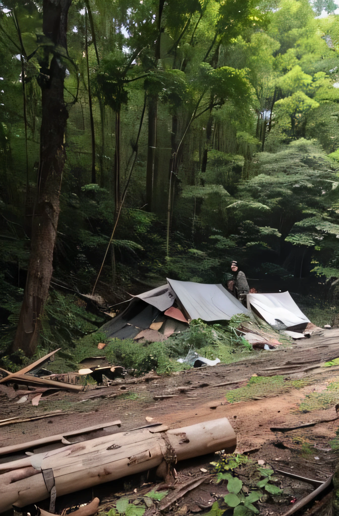 A forest destroyed by bombing，Dilapidated，Several soldiers wearing Taiwan camouflage uniforms squatted in front of the camera to eat，There is a broken stone in the lower right corner of the picture.，Simple food