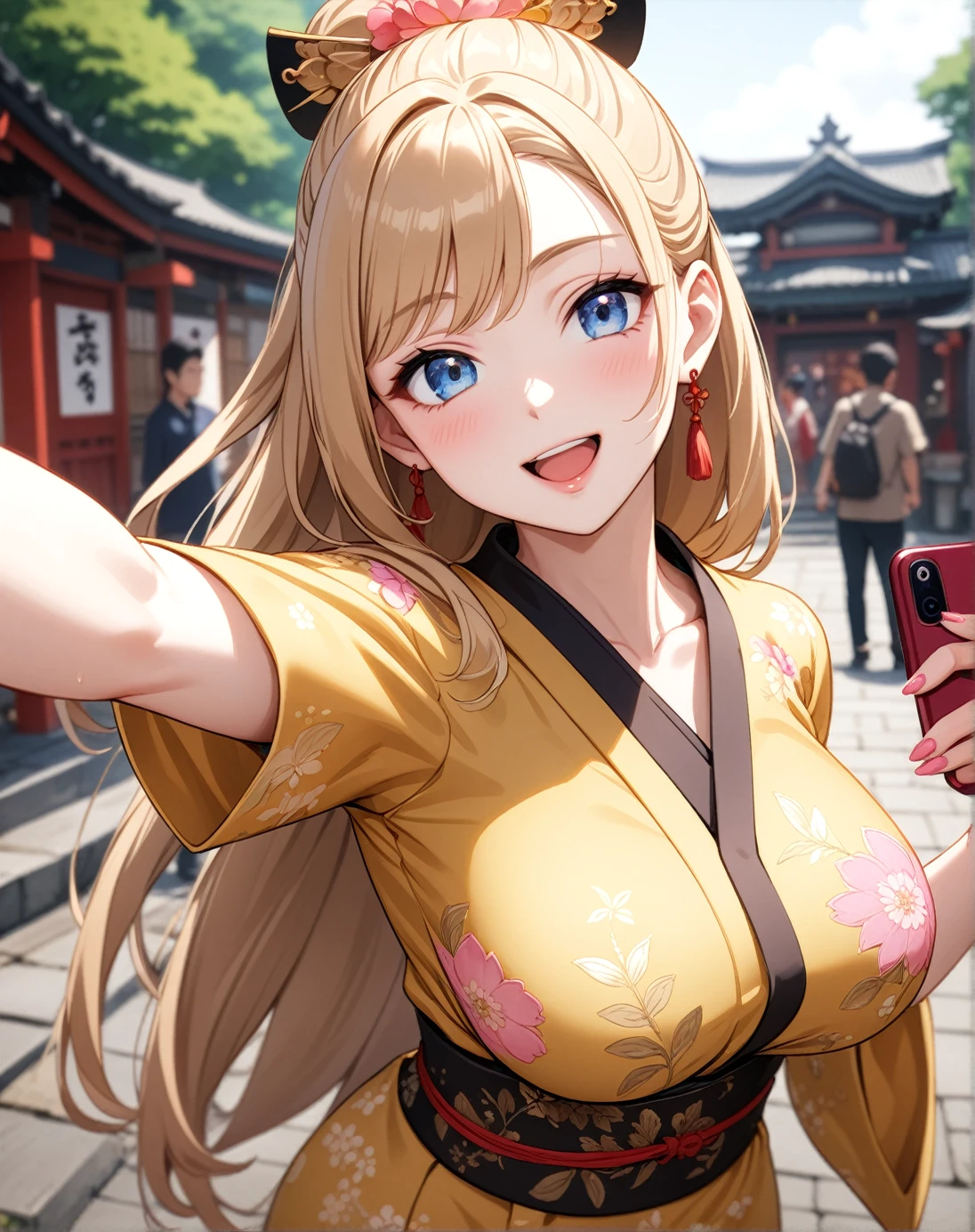 ((One woman)), Beautiful Face,Laughing embarrassedly,(Taking a selfie with your boyfriend using your smartphone),Sweat on the face,Glossy pink lips,Daytime,Shrine Festivals, ((Anime style background)),masterpiece, highest quality, so beautiful, up to date, Complex details, (Pink long nails),AI-generated, Complex,High resolution, highest quality, super high quality,3D Images、View the viewers、3D Images,one person,Long Blonde Hair,High Ponytail,blue eyes,Anime woman posing for a photo, [[Fine grain、Colorful eyes、Shining Eyes:1.15]],a hyperRealistic , hyperRealistic , Realistic,Blonde anime woman with long hair, Smooth anime CG art, A woman in a gold embroidered kimono, (Yellow kimono),Pink floral pattern,Long flower hair ornament,Big earrings,(Large Breasts:1.2),Mature Body,tall,Big Ass,Fine details,Narrow waist,Six-pack,Photographed from diagonally above,looking at the camera