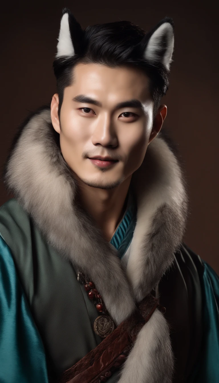 (good quality), (many details), (masterpiece), A man with hat and cigarette (20 years old), open coat with fur collar, bare chest (hairy), hat( gray with white band), wavy shoulder-length black hair, coin playfully between fingers, trickster, gypsy, small beard, full body image, mischievous laugh, oval face