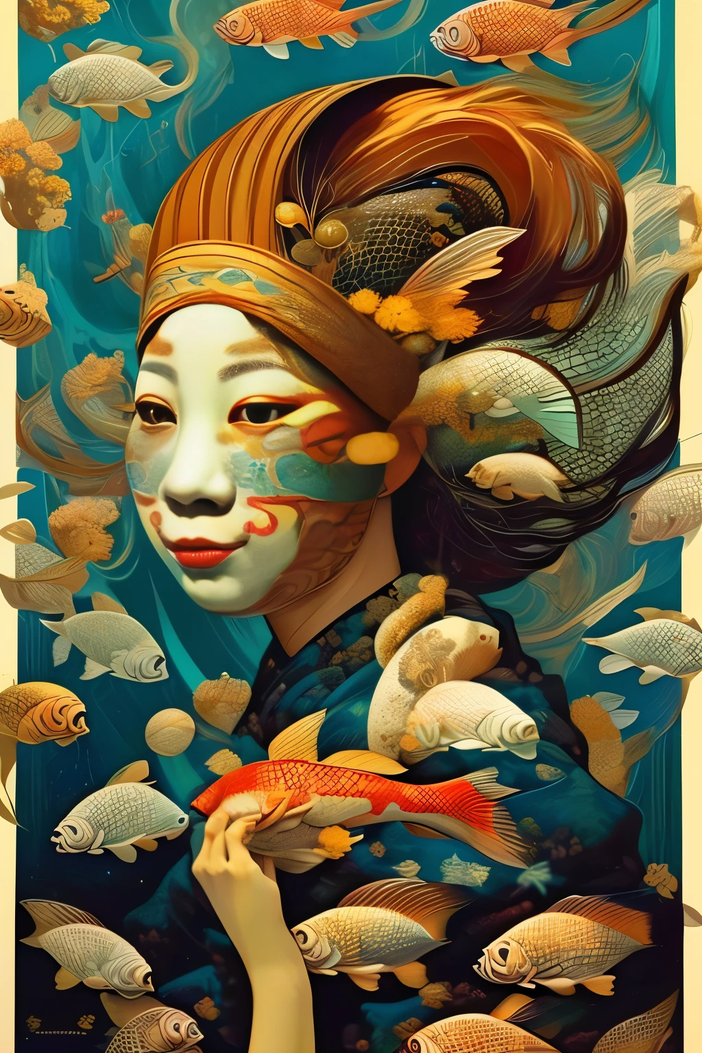 Koi carp dressed in traditional Japanese kimono、(Woman with a carp face:1.7)