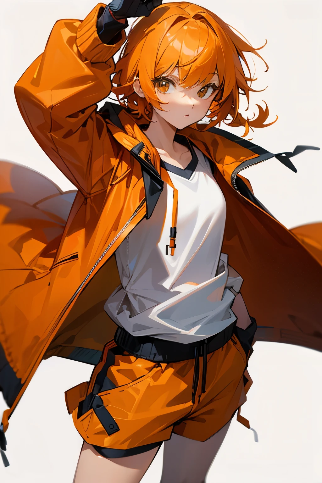 hair,Orange Hooded Jacket,shirt,shorts