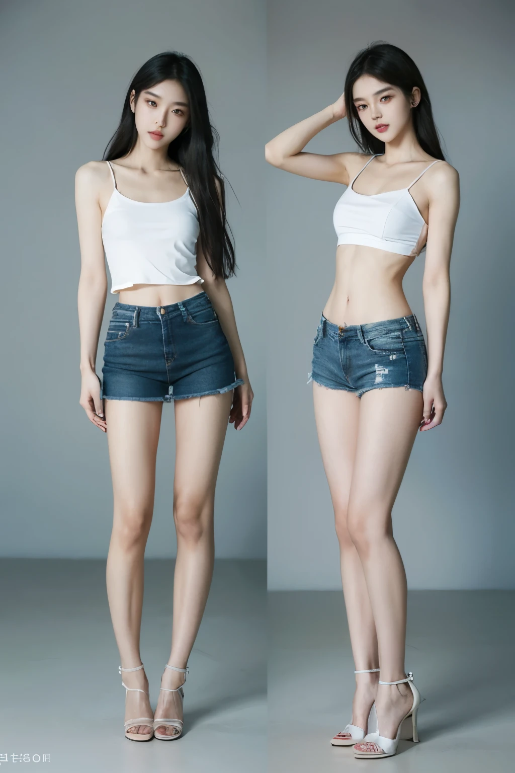 (highest quality,  8K masterpiece: 1.3), concentrated: 1.2,((((Both of them stand with their legs apart)))),(((Both of them have an inseam that is more than half their height.))),((Bare legs)),((Both of them are extremely slim))，((They both have super slim legs)),((2人ともアジア人離れした超tall)),((They are both the same height)),((Two beauties with perfect supermodel style: 1.2)), Super thin waist: 1.2, Thin buttocks,Open the navel,完璧なSuper thin thighs: 1.2),(((Both of them have amazingly slim figures.))),((Denim micro mini skirt)),Highly detailed face and skin texture,Symmetrical face, Beautiful Eyes, Beautiful Face,balanced eyes, Fair Asian Skin, Ultra-Realistic Details,((Slender Asian Girl)),((K-Pop Idols)), Natural Shadows,(((((Both of them take full body shots: 1.8))))),(Very small hips),Large firm breasts, Super long thighs,(Super thin thighs),(Super slim calves),((Small Ass)),Super muscular body,Super toned waist,More emphasis on the abdominal muscles，((Both of them are muscular and have clearly defined six pack abs.)),Super thin waist,((White high heels)),(tall),(((Both of them are extremely exposed.))),lengthen limbs,((Standing in front of a stylish cafe)),(White short mini camisole),Hands on hips,Both of them face forward，(((Both of you should face your whole body straight ahead.))),Super long arms,Thin hands,(Long black hair),((Both of them stand up straight.)),(Keep your hips facing forward),Both of them are beautiful with a 9-head body proportion.,Very thin ankles,The arms are very slender and muscular,The legs are super slender and muscular,Make your arms thinner,Super slim and muscular legs,Both of them have super long legs.,The middle of the thighs are very thin,Super muscular and extremely slim calves,Super muscular and slim thighs,Very tight waist,(Both of them have an inseam that is more than half their height.の美脚),Extremely thin thighs,Fine skin,Firm skin,(((Both of them should fit from the top of their heads to the toes of their heels.))),(((Both of them have super slim legs))),Both of them have super slim and muscular legs.,((Sunny afternoon)),(Bright outdoors),Midsummer,((Low - Angle)), (((Wide open abdomen))),information