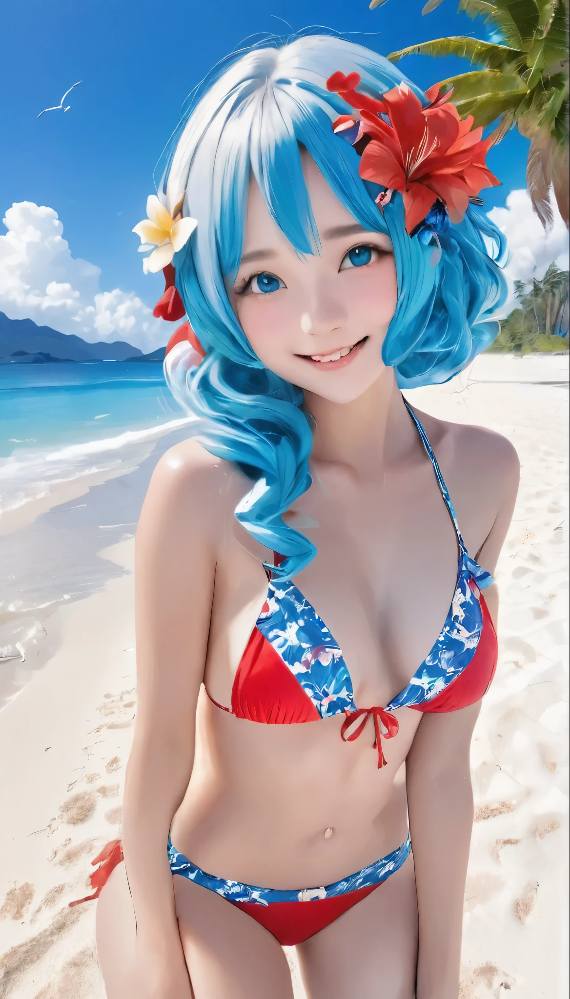 One Girl、Perfect Anatomy、smile、A realistic person々、Ultra-detailed、Red Bikini、Flower Hair Ornaments、Blurred Background、South Island、Palm tree、White sand beach、blue sea、Blue sky、White cloud、Cumulonimbus