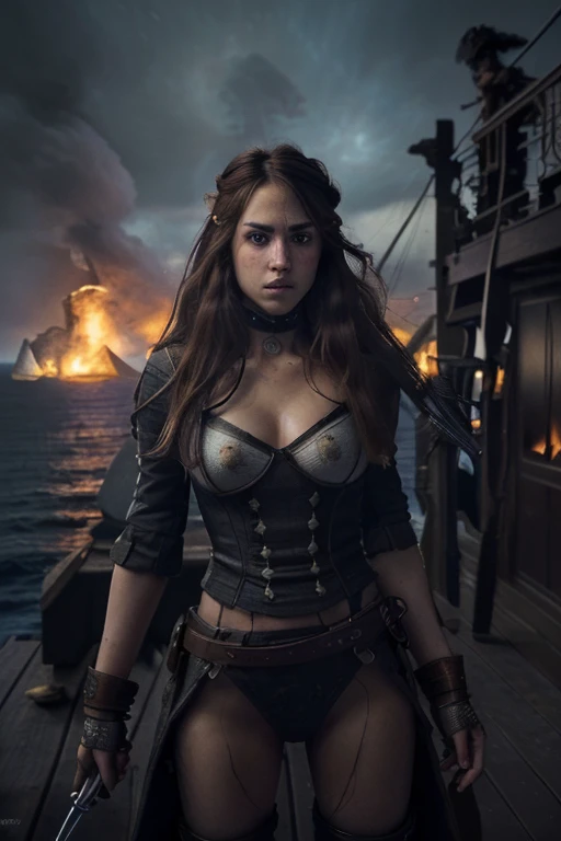 (Ultra quality: 1.2), (Ultra detailed: 1.2), (Ultra detailed clothing: 1.2), (Ultra detailed face: 1.2), (Ultra detailed eyes: 1.2), (Ultra detailed body: 1.2), (Ultra detailed weapons :1.2), 1 woman pirate, standing on deck, different hair colors, sword fights, battlefield in the background, fire in the background, night, epic light, dramatic sky