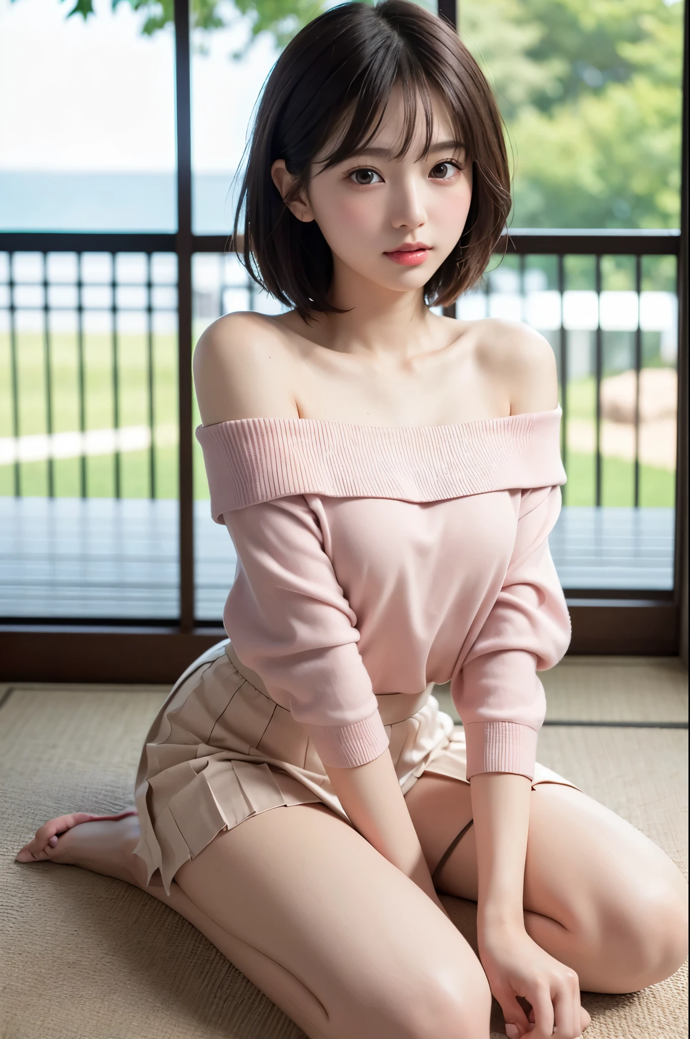 (High resolution、8k:1.3)、masterpiece、(Ultra-realistic as a photo:1.3)、Very nice finish、perfect anatomy, Sharp focus, 超High resolutionの顔、highest quality、The face is in focus、Ultra high definition and beautiful eyes、Eyes are symmetrical、High quality and beautiful skin、Firm Skin、Japanese Girls, Slender、very cute、17 years old、(Off the shoulder、Pleated skirt、mini skirt), Natural Makeup, (blush:1.3), (Embarrassing:1.3)、Sitting、(View your viewers:1.3)，short hair, messy hair
