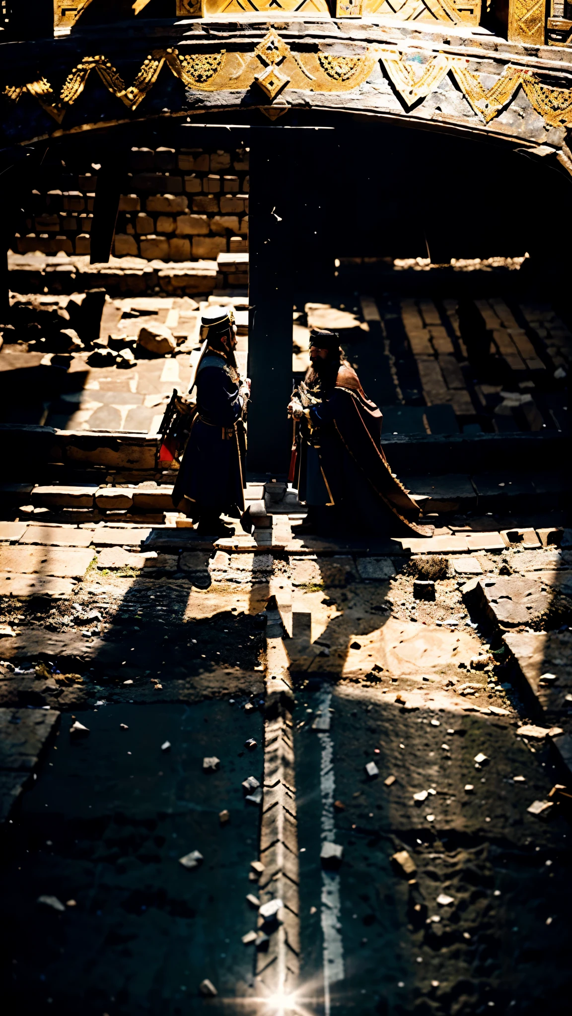 "Create a dramatic scene of Khalid ibn Al-Walid in a standoff with the Byzantine emperor. The scene is meant to be viewed from above, as if captured by a drone, showing both emperors facing each other on the battlefield. Khalid ibn Al -Walid, imposing and confident, and the Byzantine emperor, dark, scarred and bald, must be highlighted, highlighting the tension and respect between the two powerful figures. Behind each emperor, their armies must be aligned, ready for battle. battle, highlighting the clash of empires. The aerial perspective should capture the entire battlefield, showing the vastness of the impending confrontation. The lighting should be dramatic, highlighting the intensity of the moment and the details of the characters and their armies." NOTE: Khalid ibn Al-Walid AND THE BYZANTINE EMPEROR MUST BE IN THE SAME PHOTO, BUT AWAY FROM EACH OTHER ON A BATTLEFIELD, VIEWED FROM ABOVE.