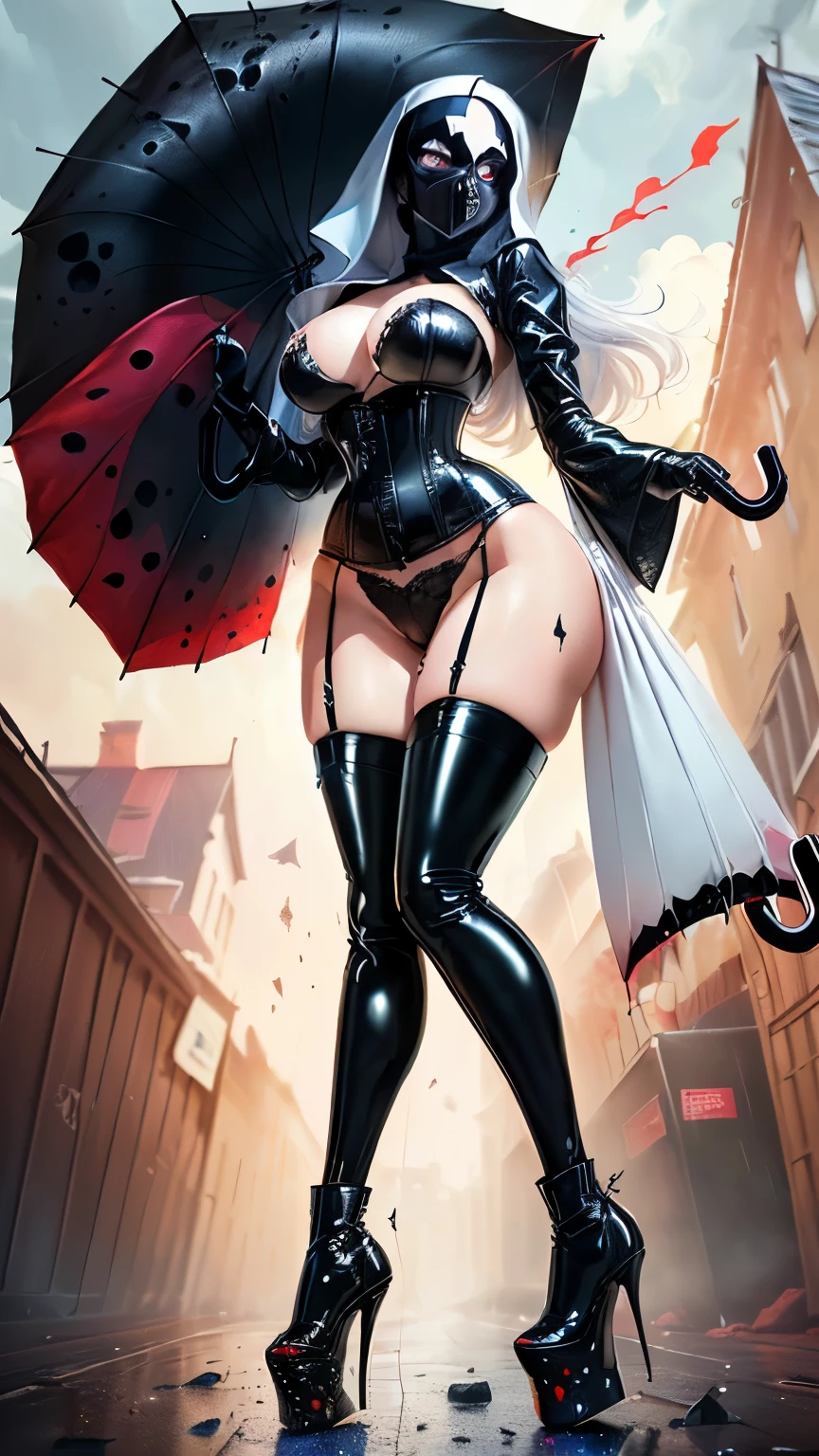 ((best quality)), ((masterpiece)), (detailed), hot young curvy girl, black lava outfit, stocking, white latex slime, beautyful face, high heels, (( long length hair)), ((detailed eyes)), lightning in the background, ((dark castle in the background, ((lace thigh fix), garter belts (((the clothes melt off her))), (((black paint splattered on it))), (flying dragon in a background), white damaged corset, ((her clothes were torn in several places))), high heels boots,white latex lingerie, (nun costume), (((wearing a black mask))), venom, white dark venom, ((black lacy brassiere)), perfect detailed , (detailed eyes), (((platform high heels boots))), hot long legs, ((full body)), hot ass, ((it is photographed from below)), (standing), ((fullbody)), white latex, erotic pose, white corset, (((stockings))), ((( holding a black latex horror umbrella)))