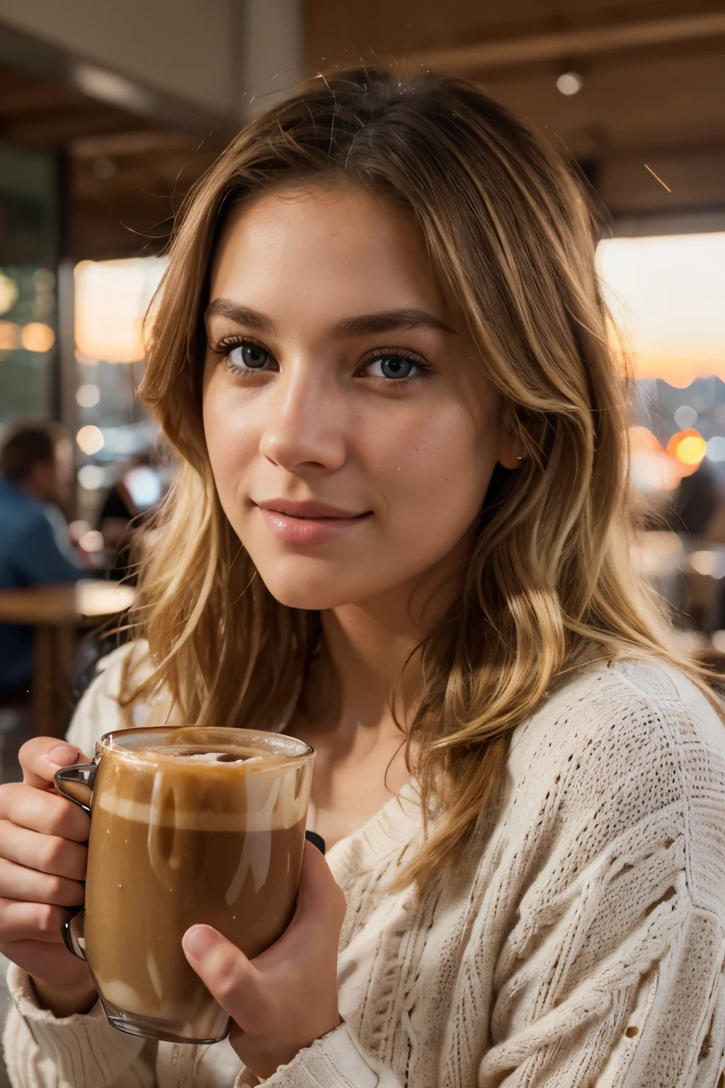 8k, best quality, (photorealistic:1.4), 1 girl, blond hair, short hair length, wavy hair, athletic, holding an iced coffee from a cafe