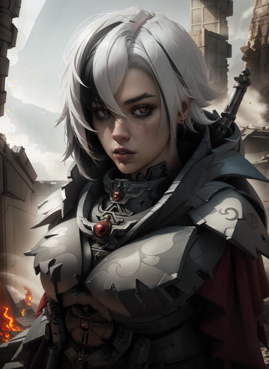 High-quality photography by Whsororitas, standing with a sword in his hands Whsororitas, 1 girl, ruins of a burning city in the background, dust and smoke, atmospheric lighting, Scrolls of white paper with text, Red wax seals, rich colors, The Face of Charlize Therion, star trek cinematic,Warhammer 40k, Красивый face, detailed face, Image with a sword. high detail, very clear and complex graphics... octane number, 3D character rendering 8K , the entire body of the character is highly detailed, Beautiful, very detailed, Dynamic, Cinematic, deafening, Realistic lighting and shading, harlequin, hair between eyes, black hair, White hair, short hair, coat, fur trim, fur-trimmed coat, (X-shaped eyes, Eyes in the shape of symbols, Slanted eyes),high detail и очень четкое и сложное искусство.. Octane render, 3D character rendering 8K , all body character with high detail, Beautiful