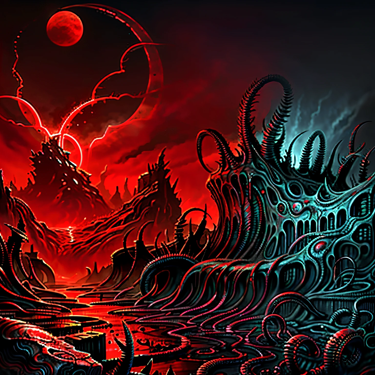 "A mad evil landscape。Tentacles rise from the abyss，Polluted rivers，A graveyard of horrors，Blood-red moon，Hyper-realistic engine，UHD sketch color painting。"