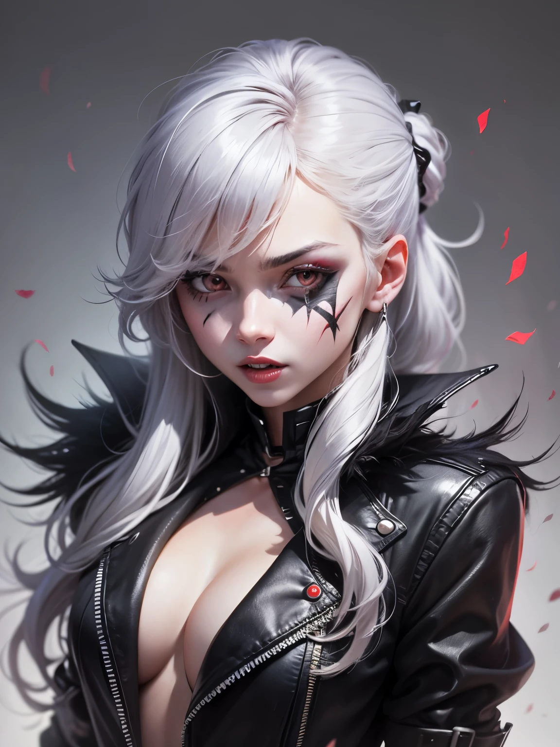 Dark joker woman, sorting sharp teeth, red eyes black clothing, white hair