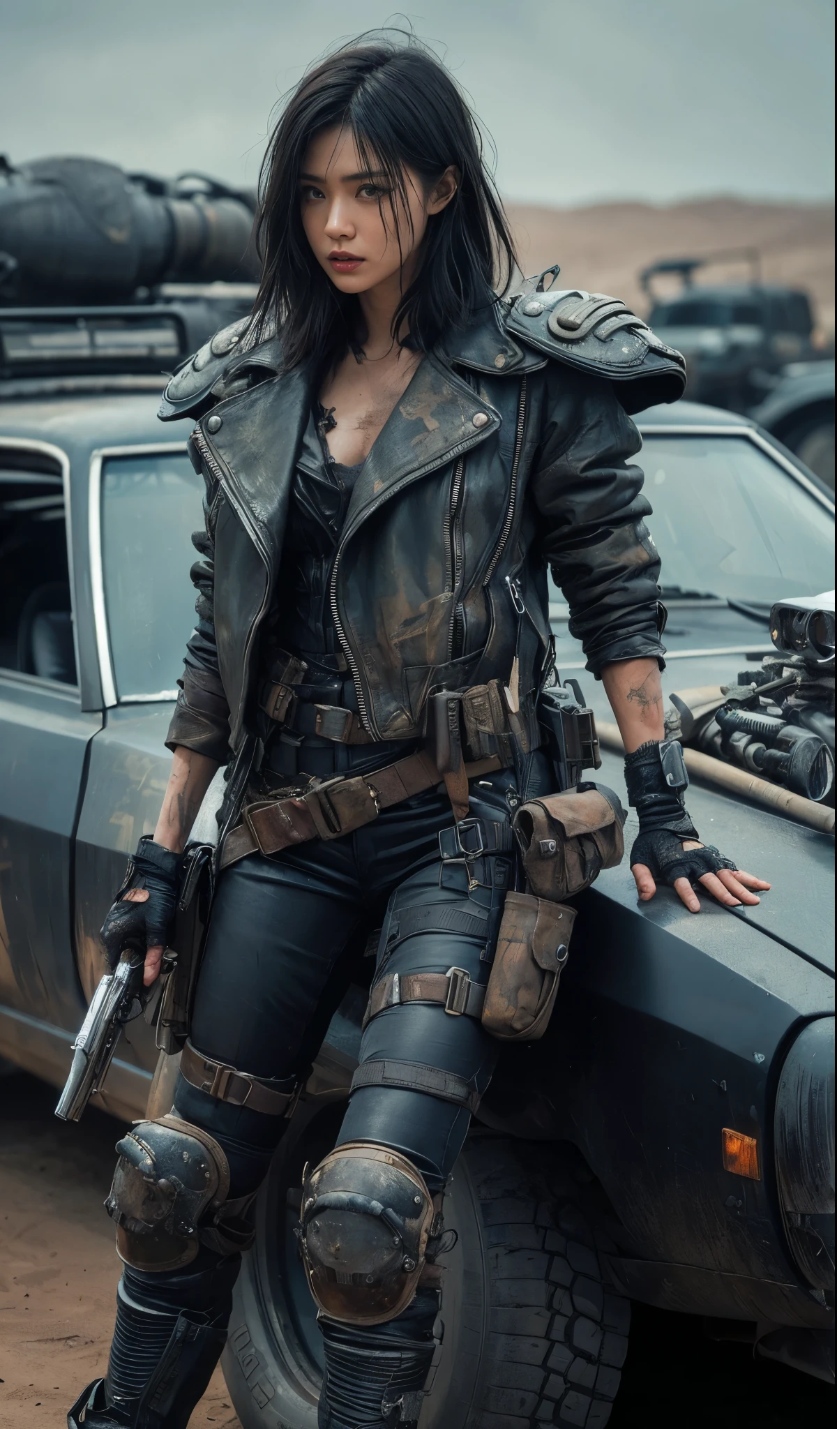 8k,Realistic Skin Texture、Superrealism、Realistic Photo、Japanese women、mad max images、In the wasteland、Rider's jacket with protectors、Standing next to a beat-up black supercharged car、boots、Determined to Revenge、Face Paint