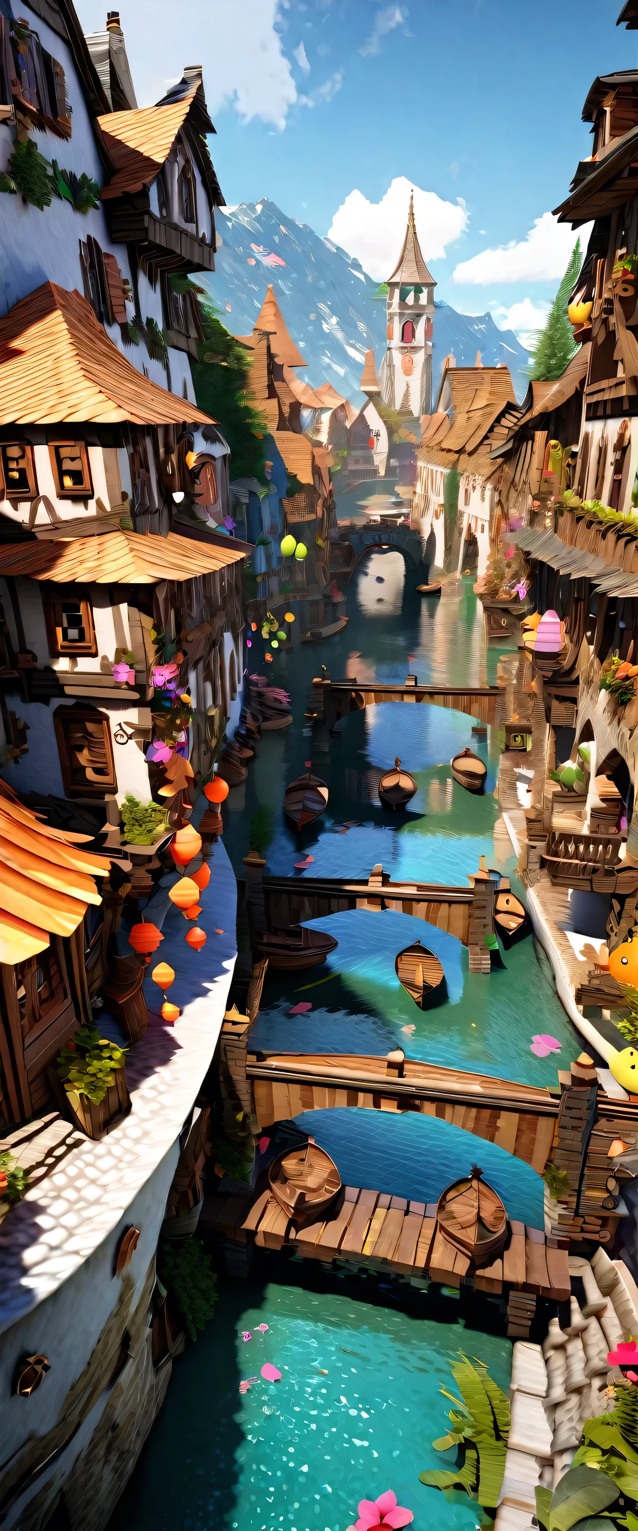 Fantasy painting of a riverside village, Render in Cinema4D, Bulbous, Precise nautical details, Creative character design, Whimsical cartoon style, 32k uhd --ar 2:1