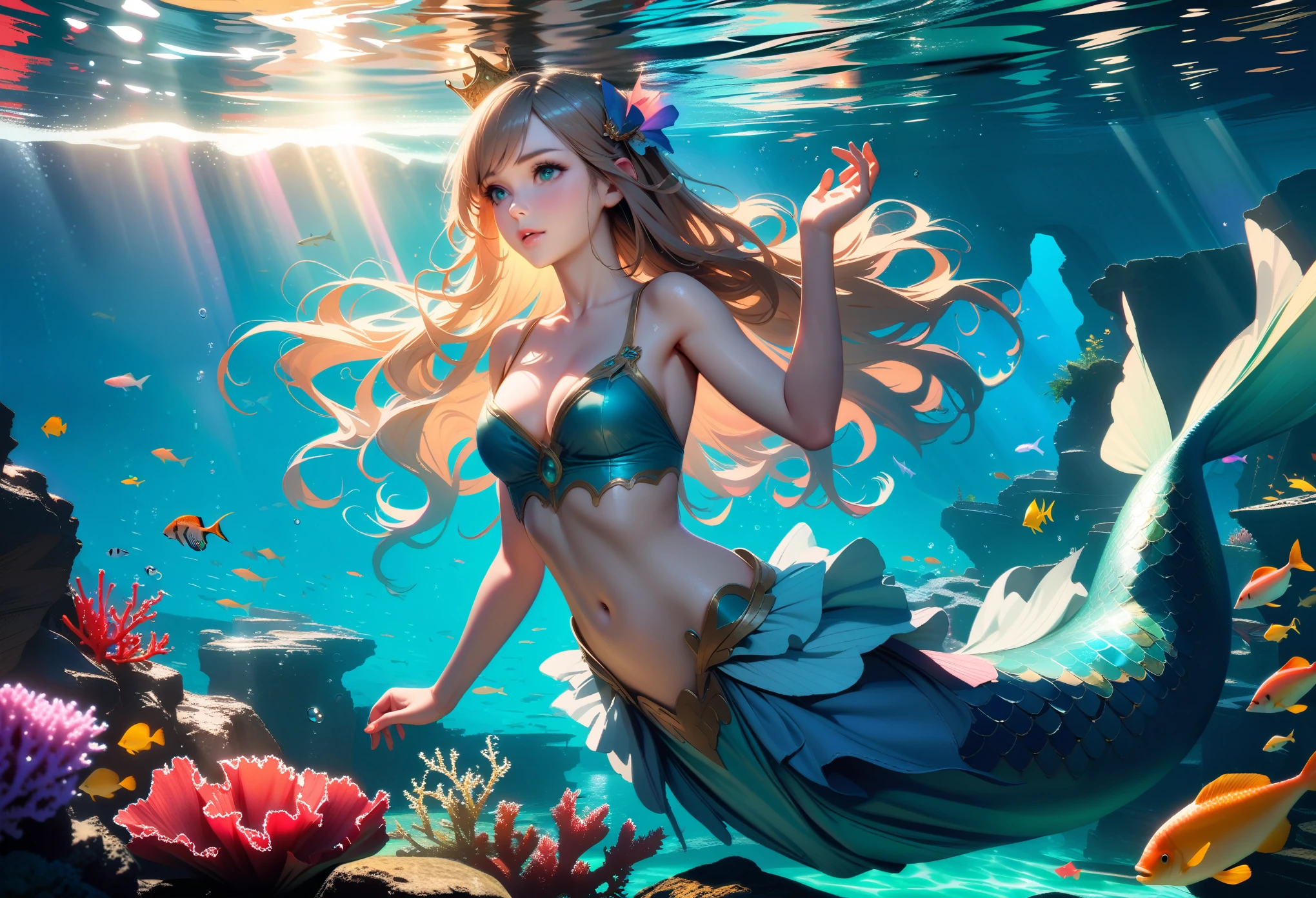 cute mermaid caught by a diamond ring on a fishhook,shimmering scales reflecting the sparkling gem underwater with curiosity and desire.