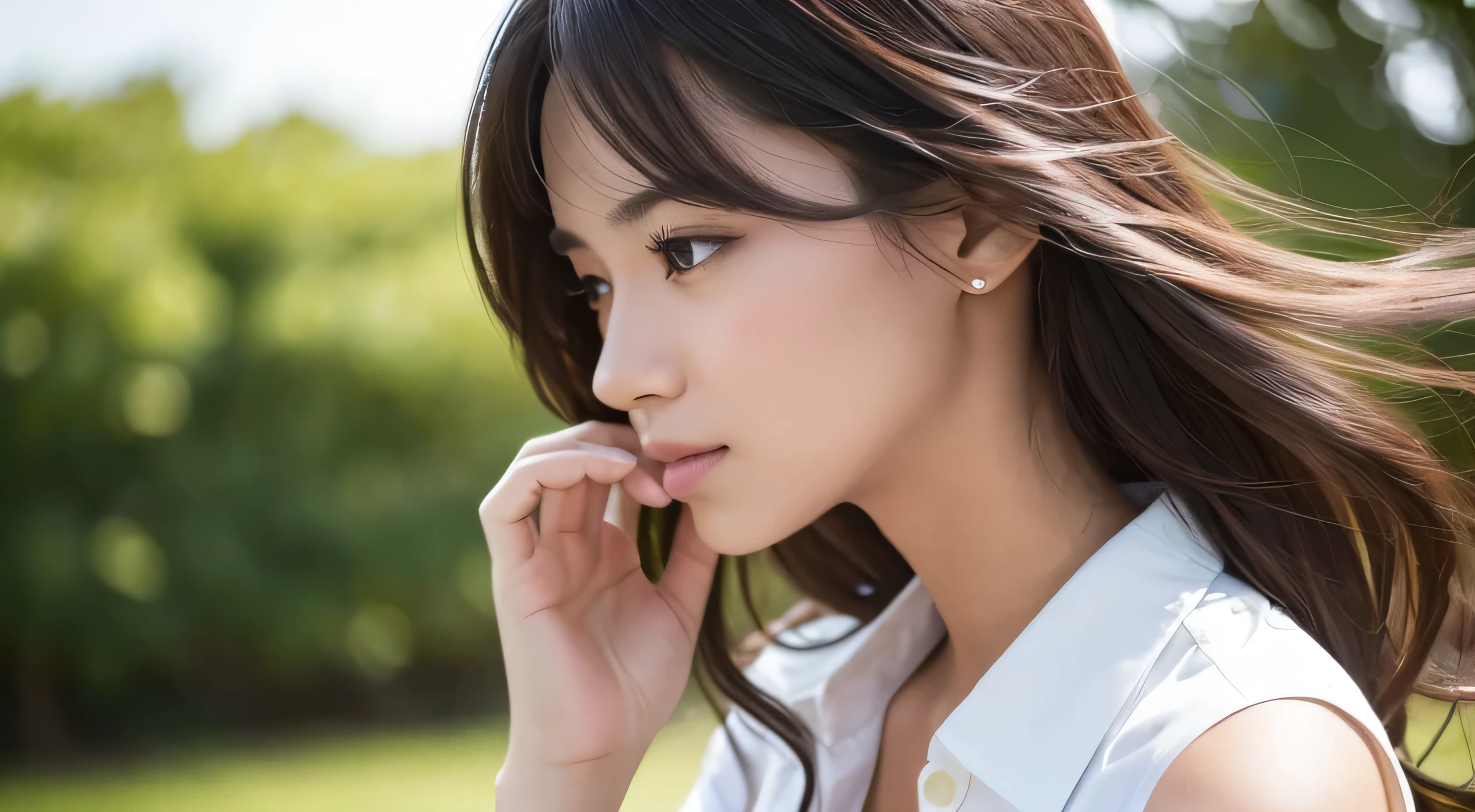 Gravure photo,Park near the sea,French and Asian mix,Brown Hair,Wearing a transparent white shirt with the buttons undone,Beautiful woman with a well-formed face,whole body,front,Bright blurred city,Basking in gentle light,Bokeh background,A profile of a beautiful, determined 20-year-old,4K Quality,Half face,Hair swaying in the wind