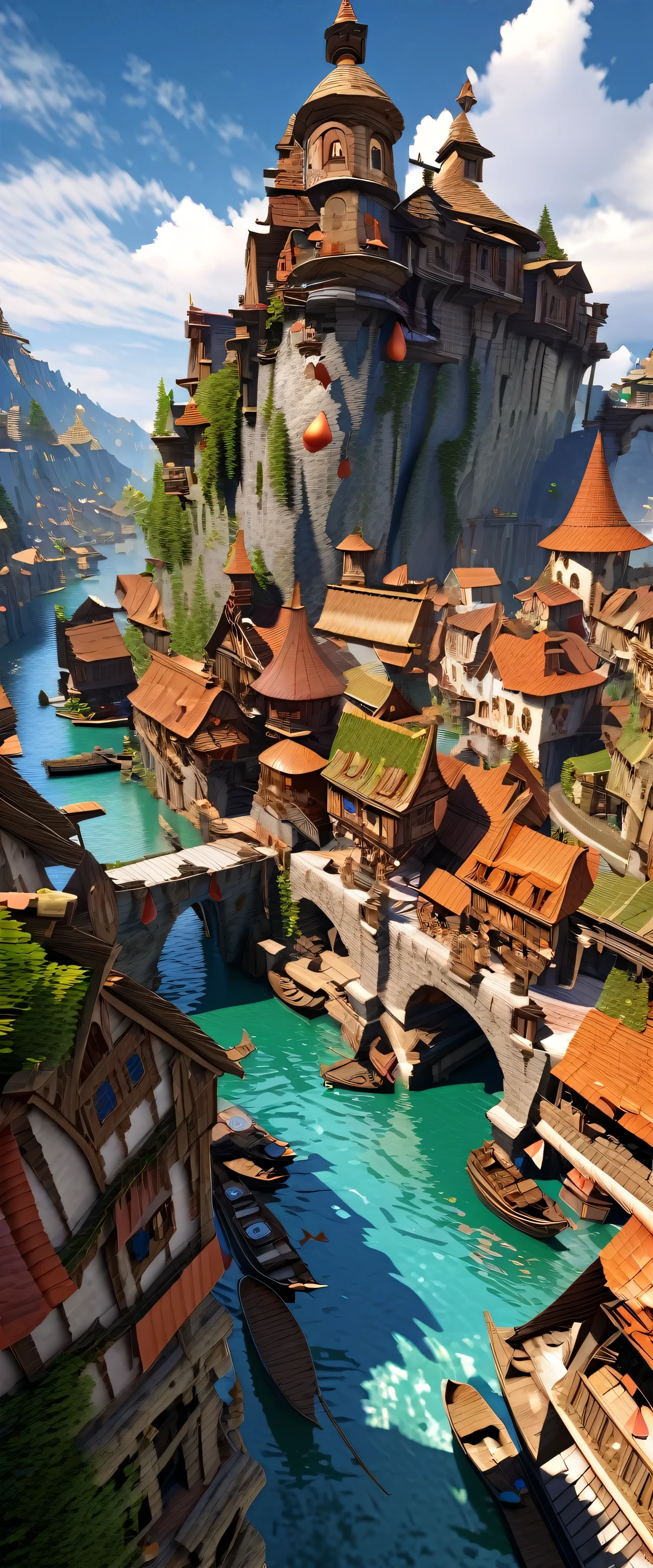 Fantasy painting of a riverside village, Render in Cinema4D, Bulbous, Precise nautical details, Creative character design, Whimsical cartoon style, 32k uhd --ar 2:1